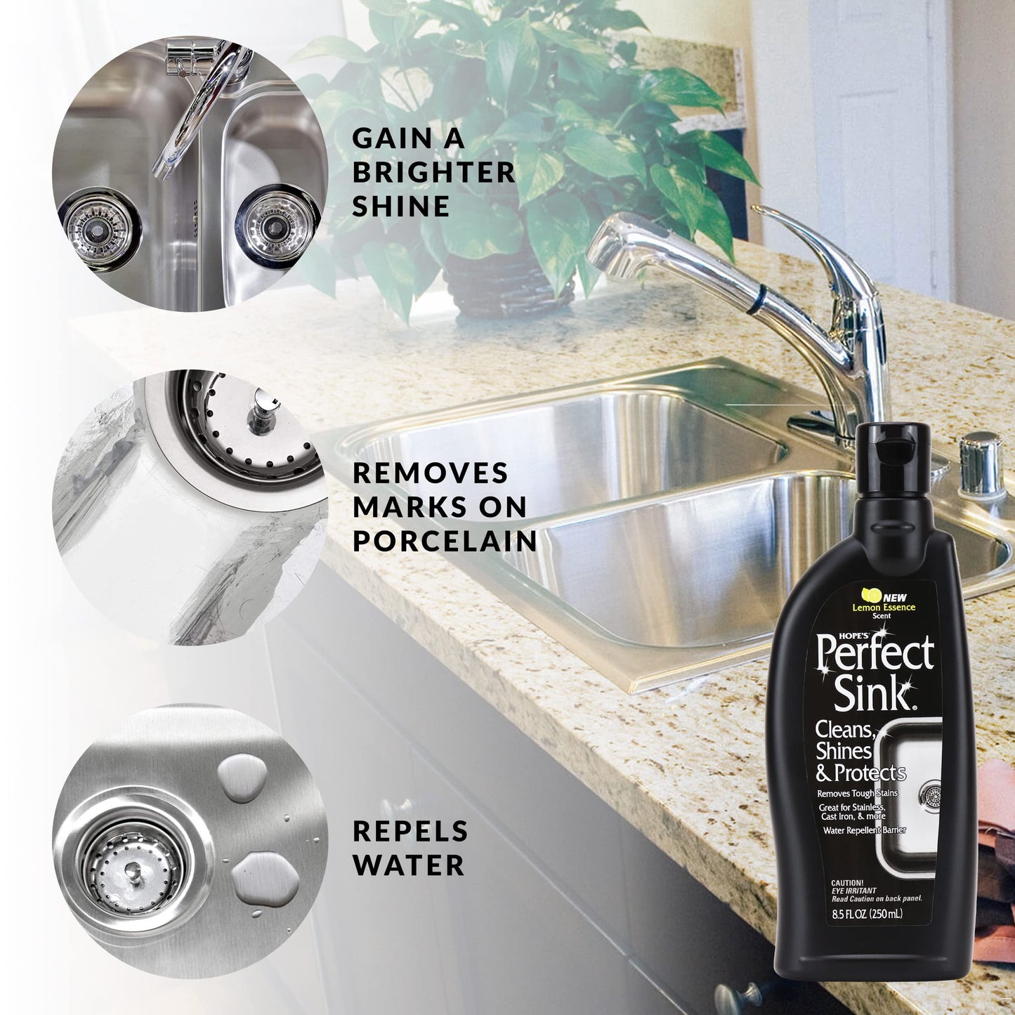 HOPE'S Perfect Stainless, Perfect Granite, and Perfect Sink Cleaner Bundle, Streak Free Polishing Kitchen Cleaners Removes Stains, Restores