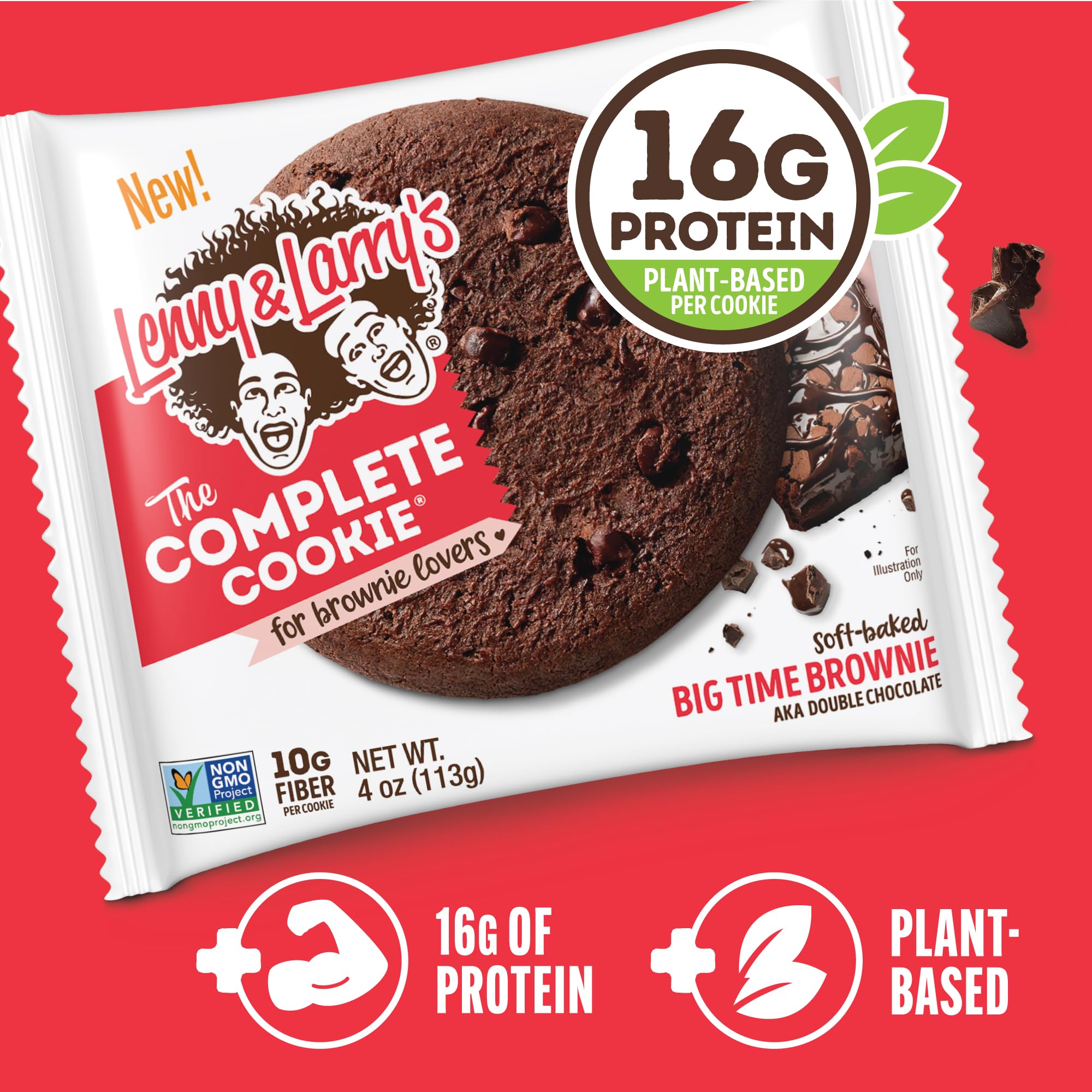 Lenny & Larry's Protein Cookie, [Big Time Brownie], Chewy Soft Baked, 16g Plant Protein, Vegan, Non-GMO, High Fiber, 4 Ounce Cookie (Pack of 12)