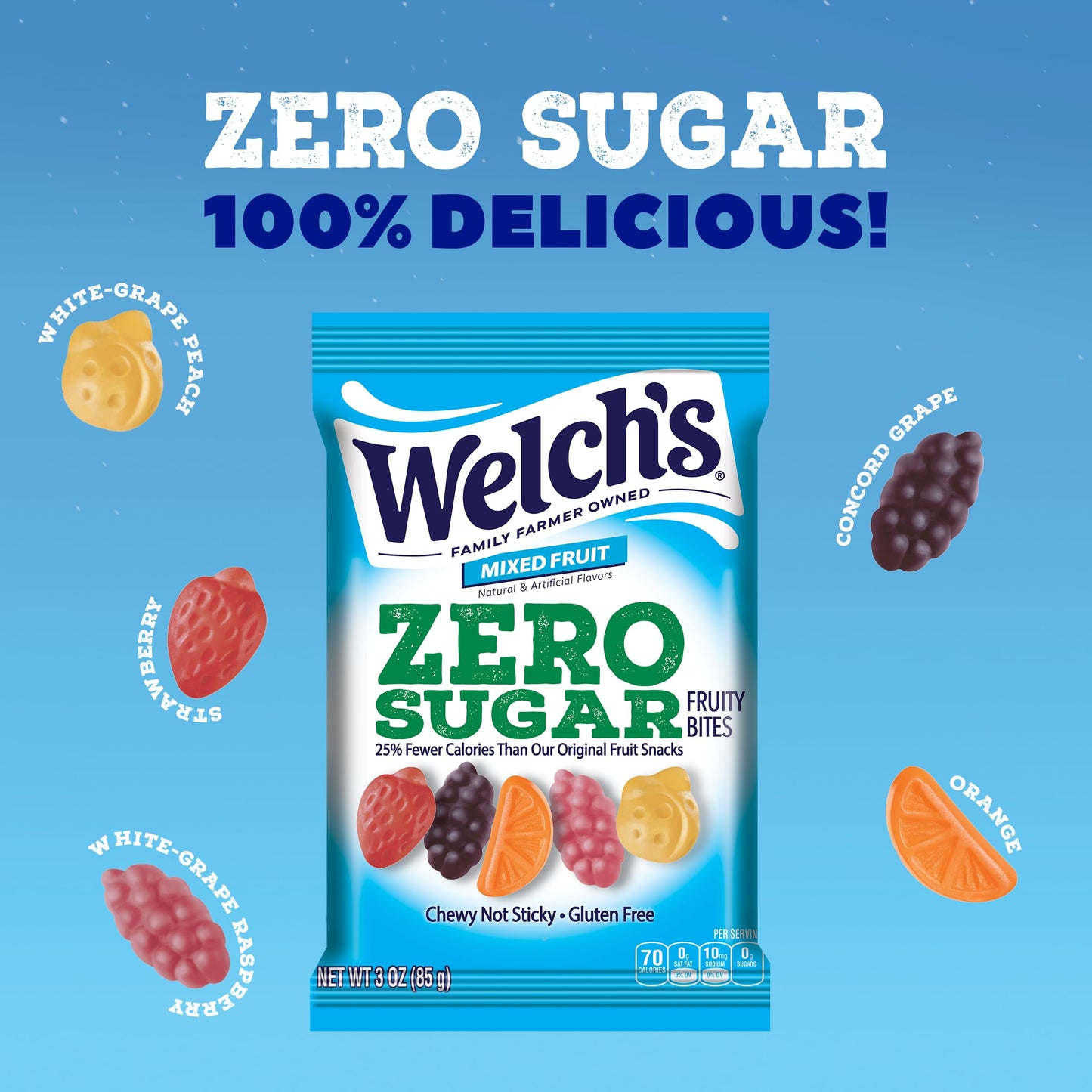 Welch's Zero Sugar Fruity Bites, Mixed Fruit Snack Pack, Gluten Free & Sugar Free Snacks, 3oz Snack Pack (Pack of 1)