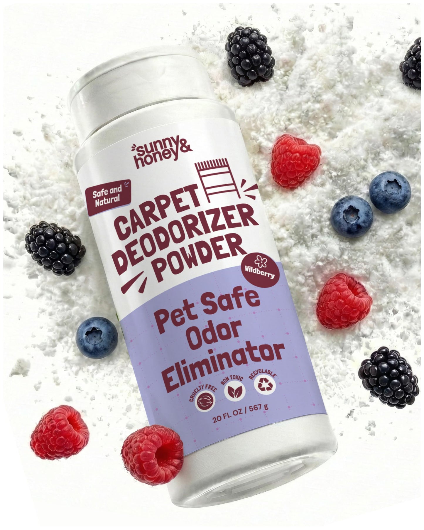 Sunny & Honey Carpet Deodorizer and Freshener Powder - Pet Safe Rug Refresher for Vacuuming - Berry Odor Eliminator for Strong Odor and Pet Urine (20