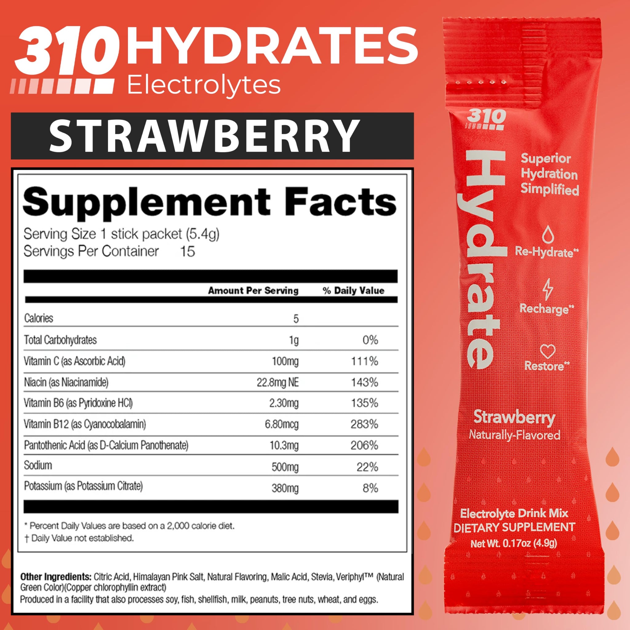 310 Nutrition Sugar Free Electrolytes Powder - Instant Hydration Packets for Daily Fluid Balance - Caffeine-Free Rehydration Drink Mix, Low Calorie