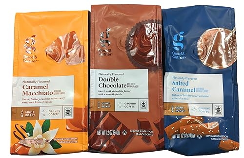 Good & Gather 3 Pack 12 oz Flavored Ground Coffee, Caramel Macchiato, Double Chocolate, Salted Caramel, Light Roast, Fair Trade Certified Arabica