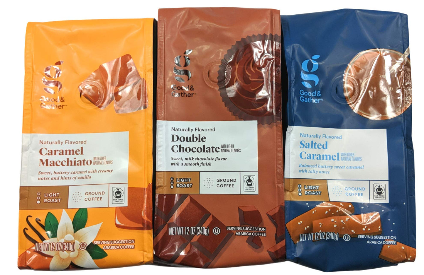 Good & Gather 3 Pack 12 oz Flavored Ground Coffee, Caramel Macchiato, Double Chocolate, Salted Caramel, Light Roast, Fair Trade Certified Arabica