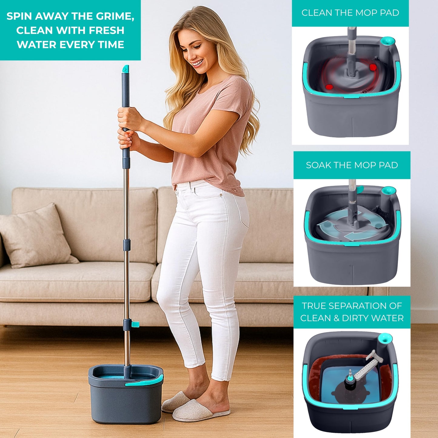 True & Tidy True Clean Spin Mop & Bucket System - Dual Compartment Design for Clean & Dirty Water, 360° Swivel Mop Head, Built-in Scrubbing Brush