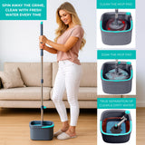 True & Tidy True Clean Spin Mop & Bucket System - Dual Compartment Design for Clean & Dirty Water, 360° Swivel Mop Head, Built-in Scrubbing Brush