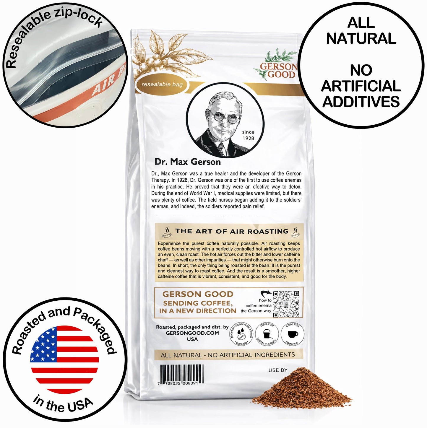Dr. Gerson's Enema Coffee - Ground, Air Roasted, Detox, Enema, Drinkable, (8 oz, LIGHT ROAST)