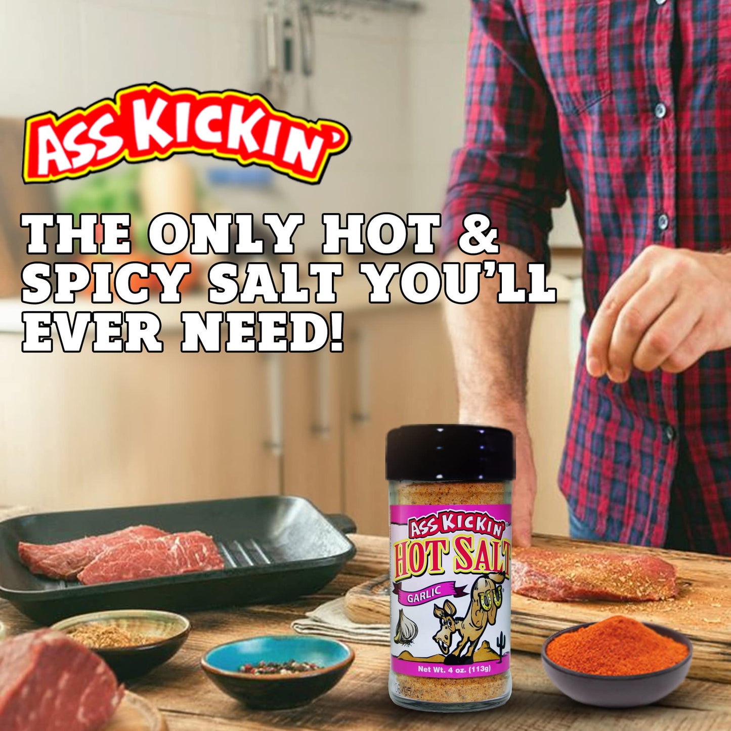 ASS KICKIN' Hot & Spicy Garlic Salt - 4oz. Shaker Jar - Perfect Flavored Salt for Popcorn Seasoning, Margarita Salt and French Fry Seasoning - Premium