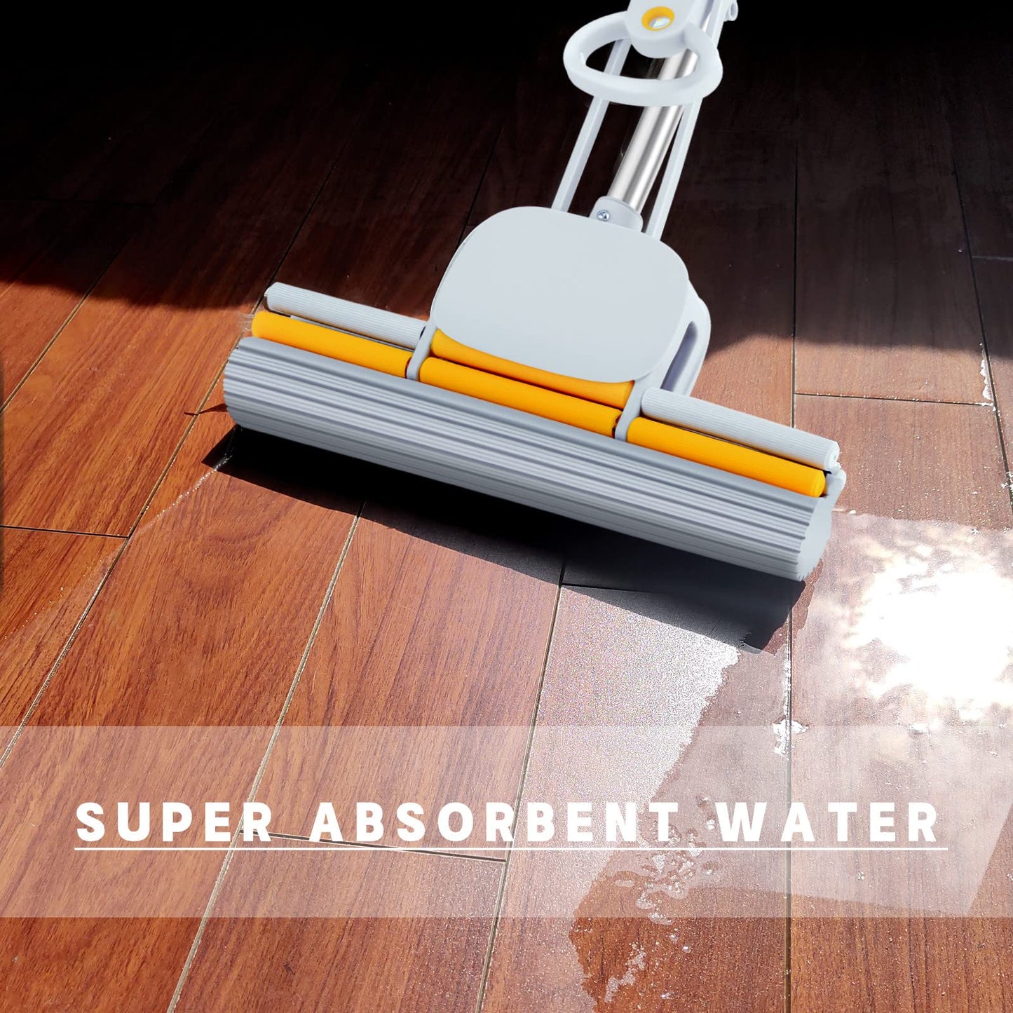 PVA Sponge Mops for Floor Cleaning Squeeze with 60" Long Handle, Self Wringing Mop with 15" Head for Kitchen Bathroom Tiles, Sponge Mops for Floor
