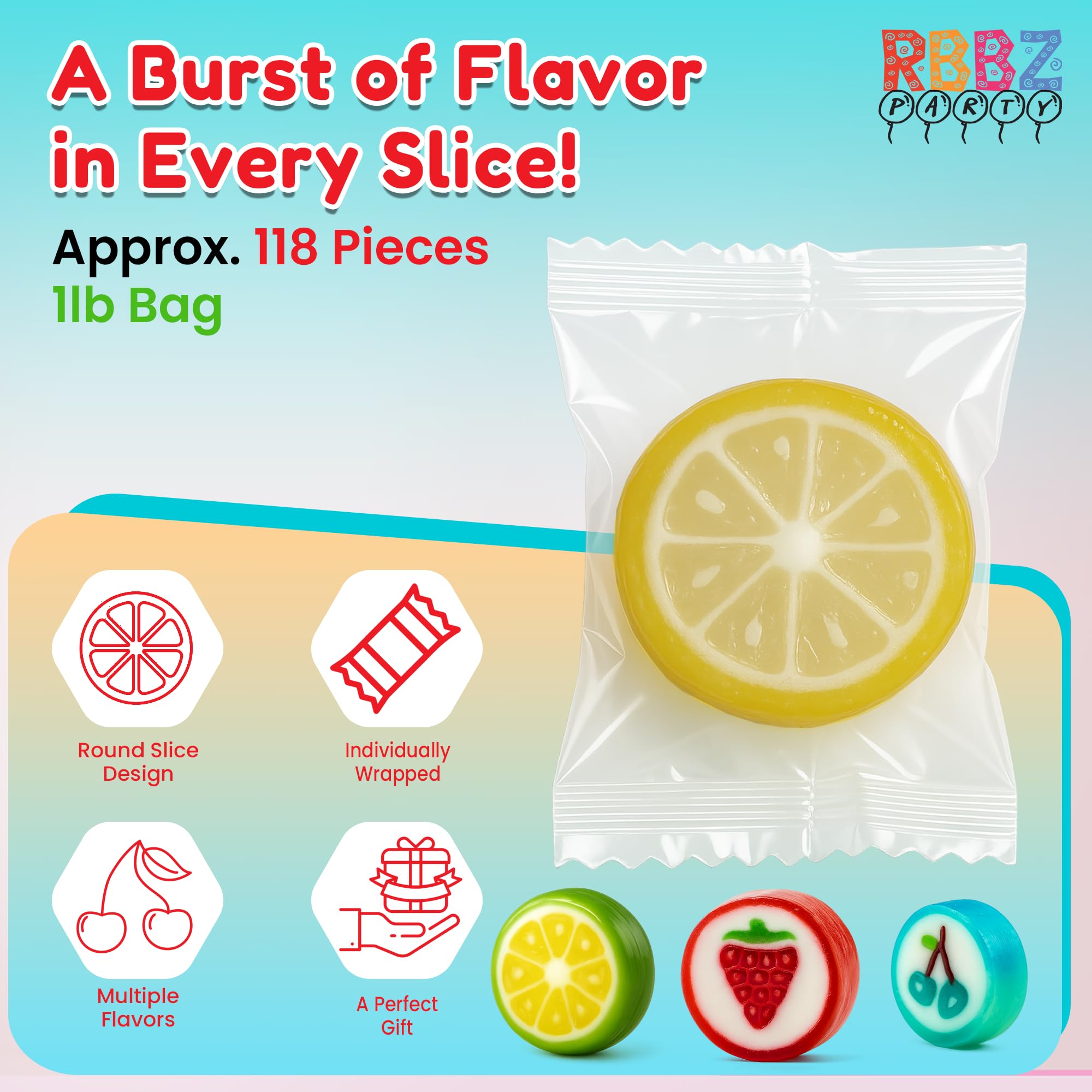 Fruit Slices Candy - Hard Candy Bulk 1 lb Bag of Individually Wrapped Small Candy Fruit Slices (approx. 118 pcs) Hard Candies Assortment - Great