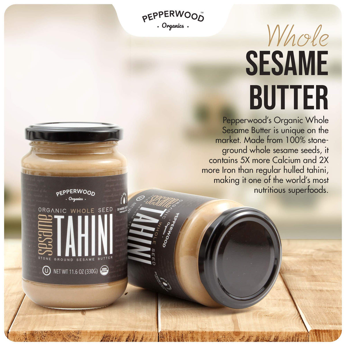 Organic Whole Sesame Tahini Paste - Unhulled & Stone-Ground - Silky Smooth Texture in Hummus, Dips, Dressings - Unsalted, Nut-Free, Kosher, Paleo