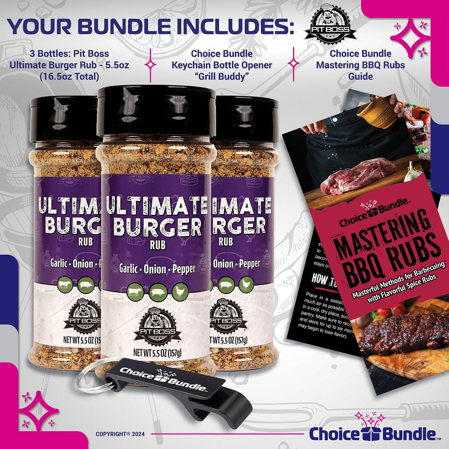 Pit Boss Ultimate Burger Premium BBQ Barbecue Mixed Seasoning Spice & Rub 3 pk Choice Bundle (16.5 oz) + Guide & Keychain Bottle Opener (5 Items)!