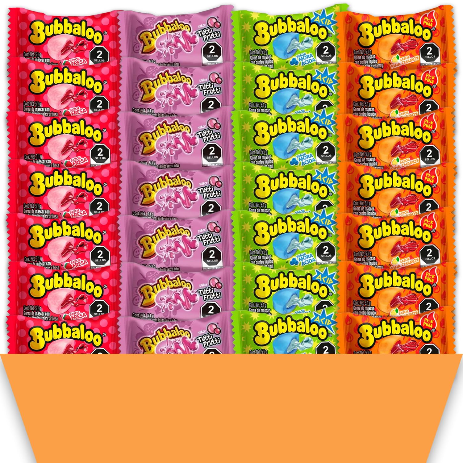 Bubbaloo Bubble Gum Mexican Chewing Gum Assortment | 200 Count Variety Bulk Pack | Strawberry, Sour Blueberry, Tutti Frutti & Pinapple Chamoy Juicy