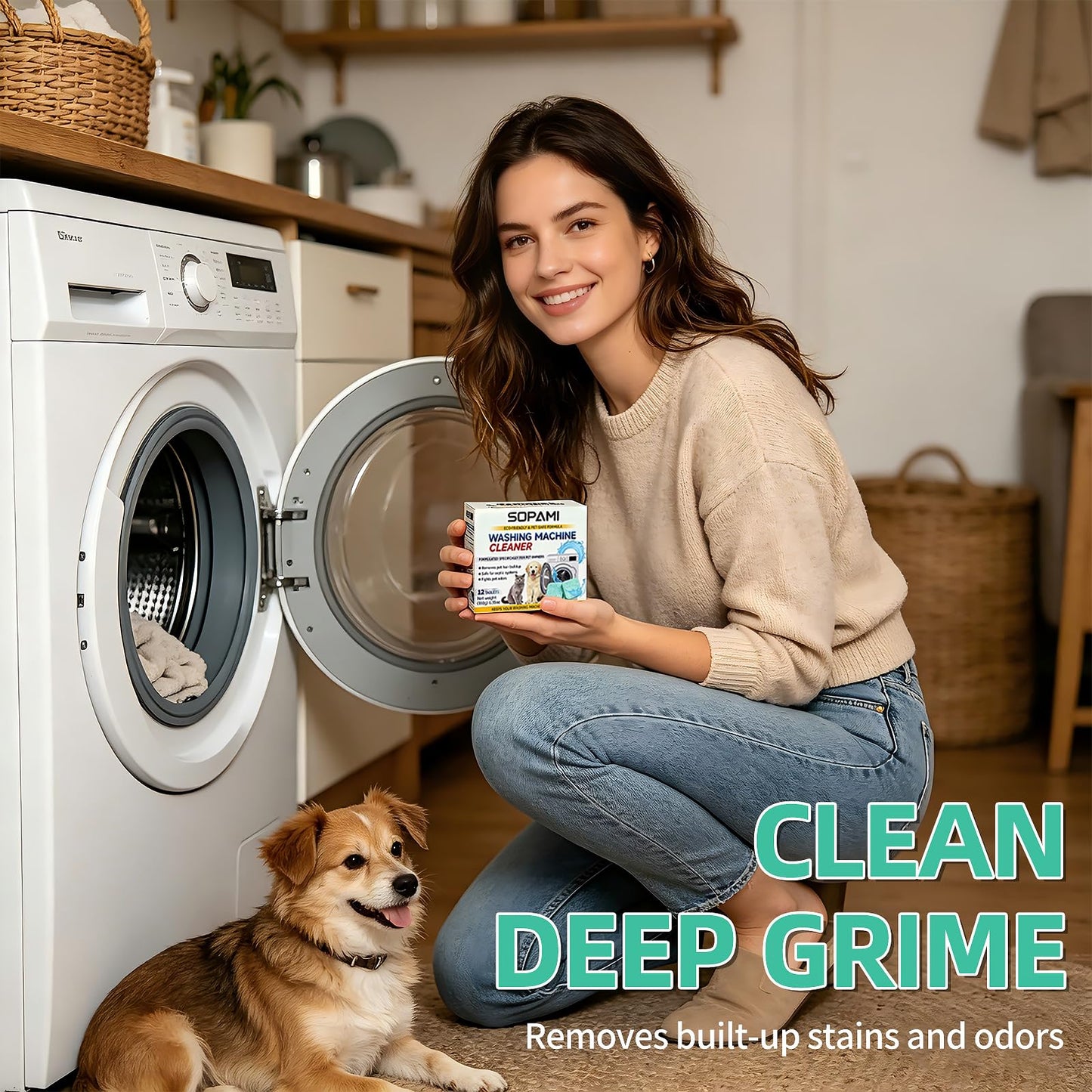 SOPAMI Washing Machine Cleaner Tablets 24-Pack (12 Month Supply) for HE/Top/Front Load Washers - Removes Stubborn Pet Hair, Odors, Mold & Residue