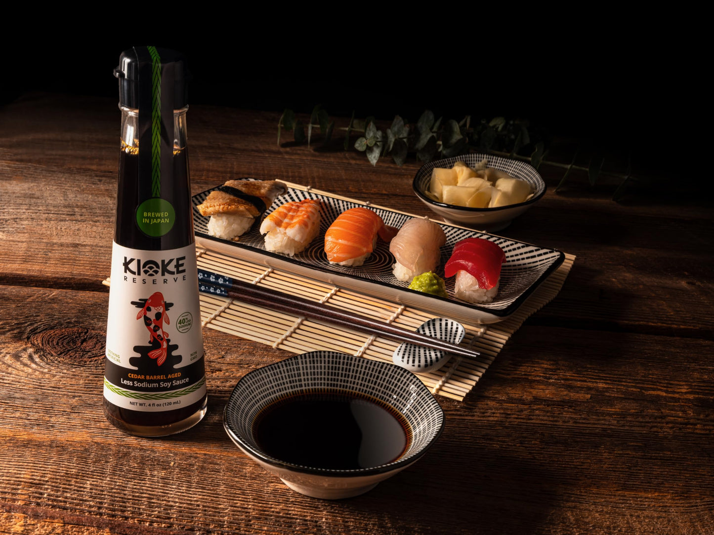 Kioke Reserve Less Sodium Soy Sauce | Small Batch Cedar Barrel Aged in Japan | All-Natural, Non-GMO, Vegan Shoyu | 40% Less Salt | Traditional