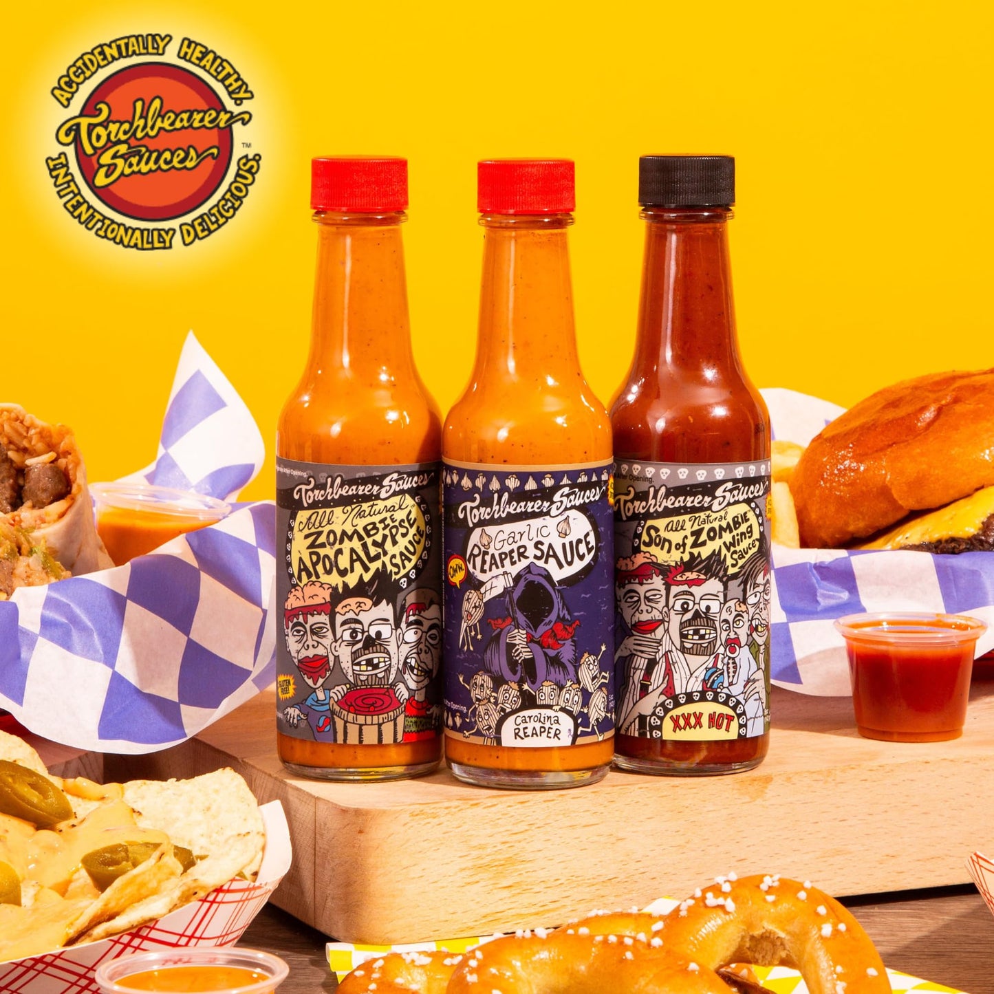 Torchbearer Sauces Best-Sellers Mini Hot Sauce Gift Set, 1.7oz 3 Pack - Zombie Apocalypse, Garlic Reaper, Son of Zombie - Featured on Hot Ones - All