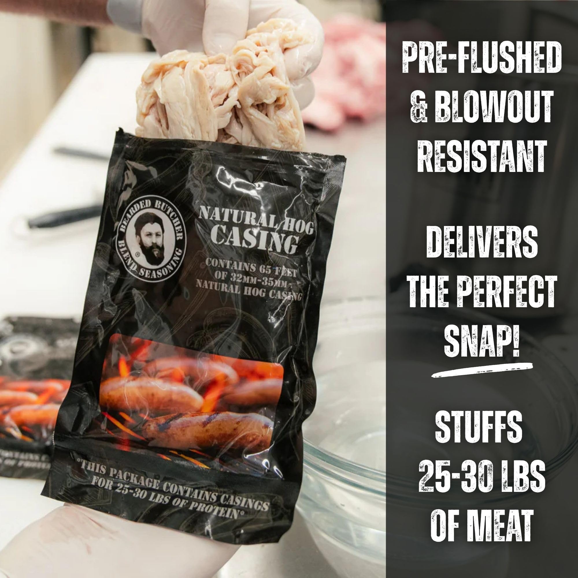 Bearded Butchers Natural Hog Casings 32-35mm - Pre-Flushed, Edible Sausage Casing for 25-30 lbs of Meat - Resealable Bag for Easy Storage - Bratwurst