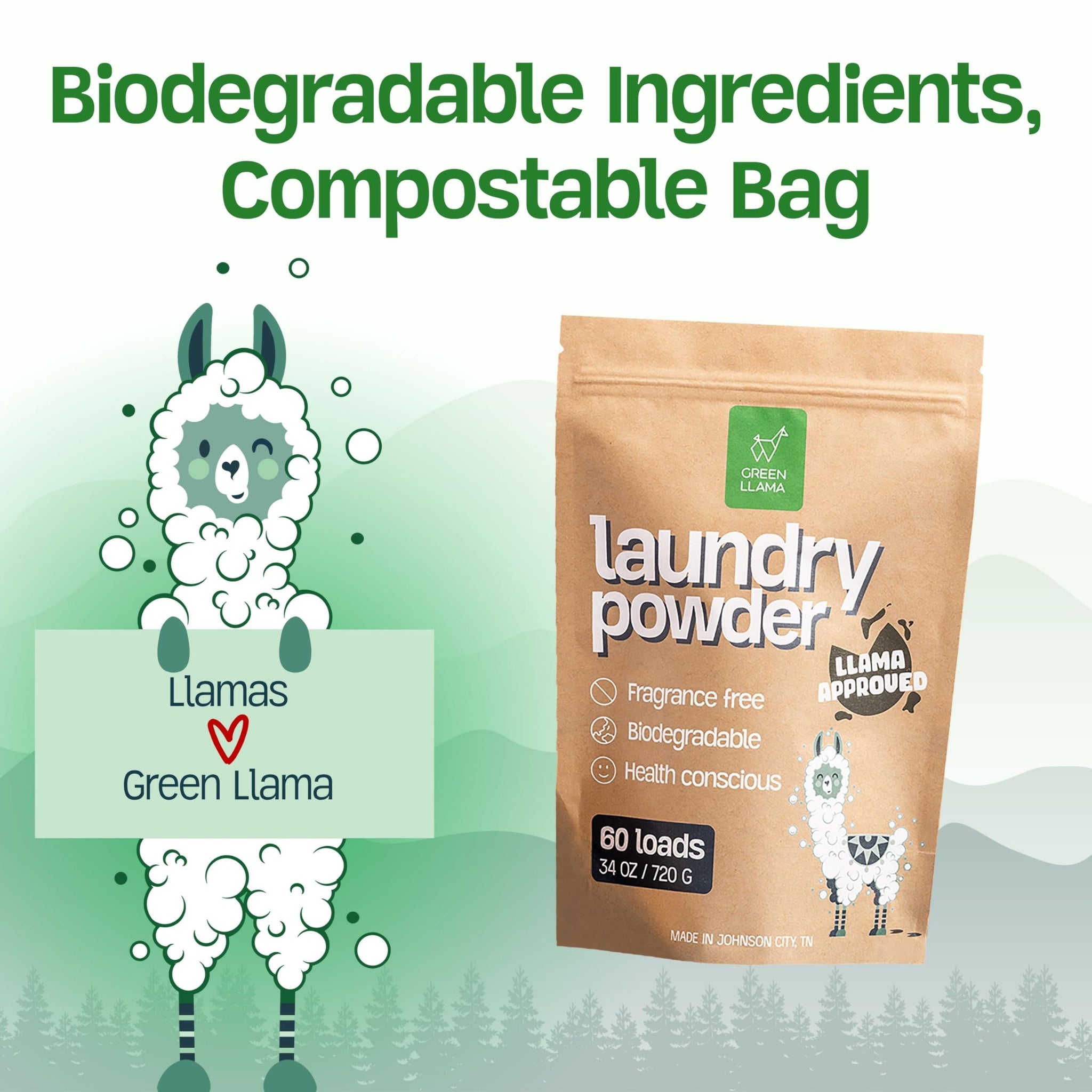 Green Llama Eco-Friendly Laundry Powder, (3-Pack) - Hypoallergenic, 180 Loads Total, Safe for Sensitive Skin, Biodegradable Ingredients, Compostable