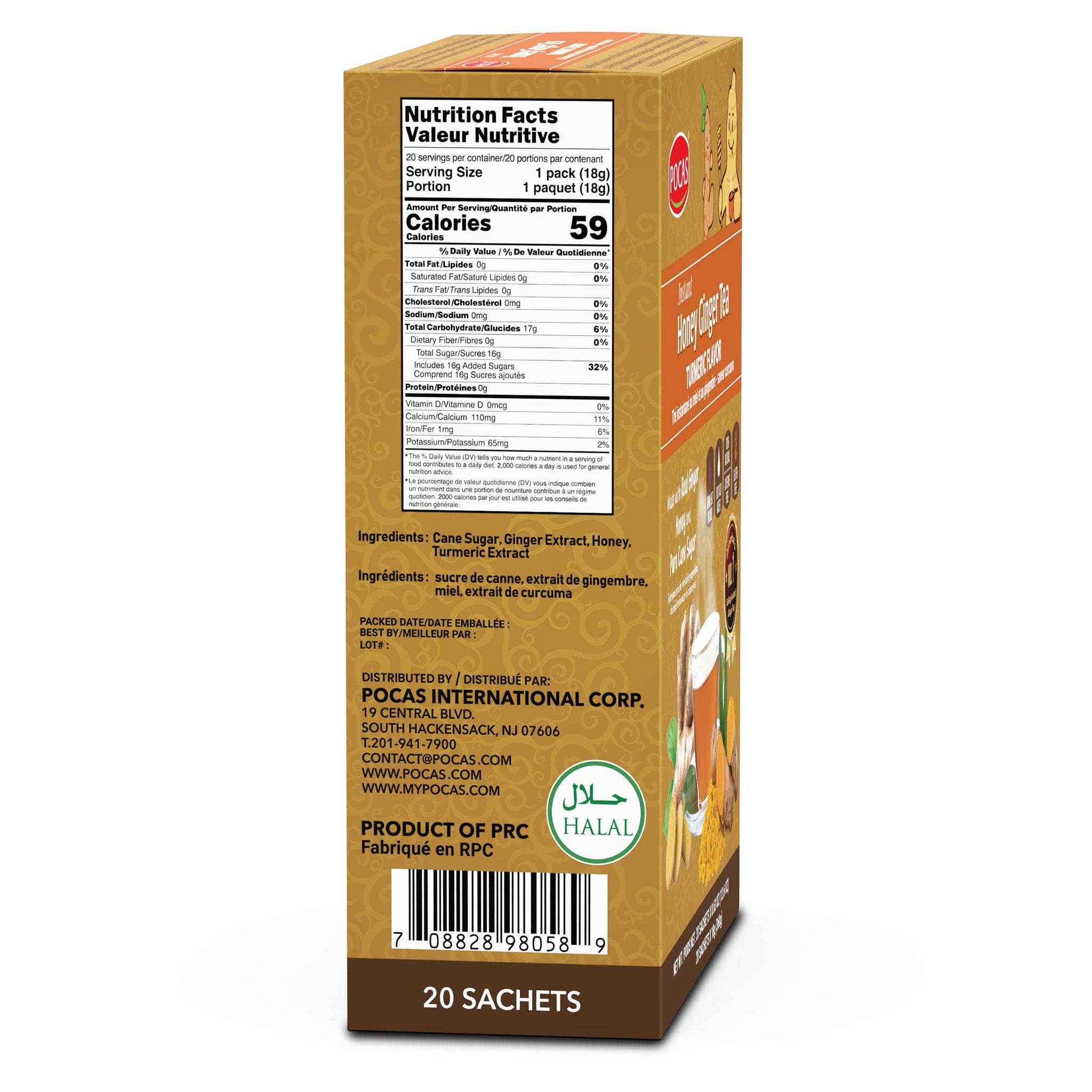 Pocas Honey Ginger Instant Tea Powder, Turmeric Flavor 2-Pack, Ginger Extract & Real Sweetener, Caffeine-Free Tea, 20 Packets per Box
