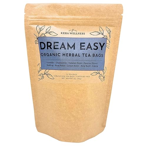 Keha Wellness Organic Dream Easy Herbal Tea Bags, 15 Extra Full and Flavorful Tea Bags, Caffeine Free, Sleep Tea for Nighttime and Bedtime, Beauty