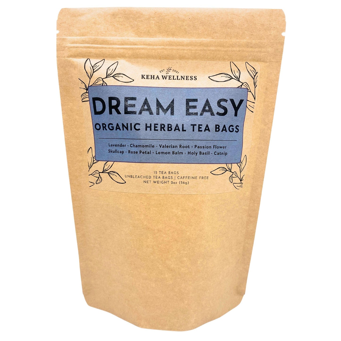 Keha Wellness Organic Dream Easy Herbal Tea Bags, 15 Extra Full and Flavorful Tea Bags, Caffeine Free, Sleep Tea for Nighttime and Bedtime, Beauty