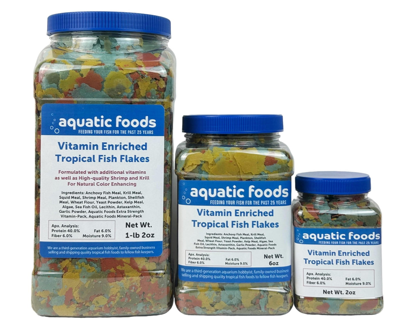 Aquatic Foods Inc. Premium Vitamin Enriched Tropical Fish Flakes, Vitamin Pack, Krill, Color Enhancing, Spirulina Flakes for All Tropical Fish Also