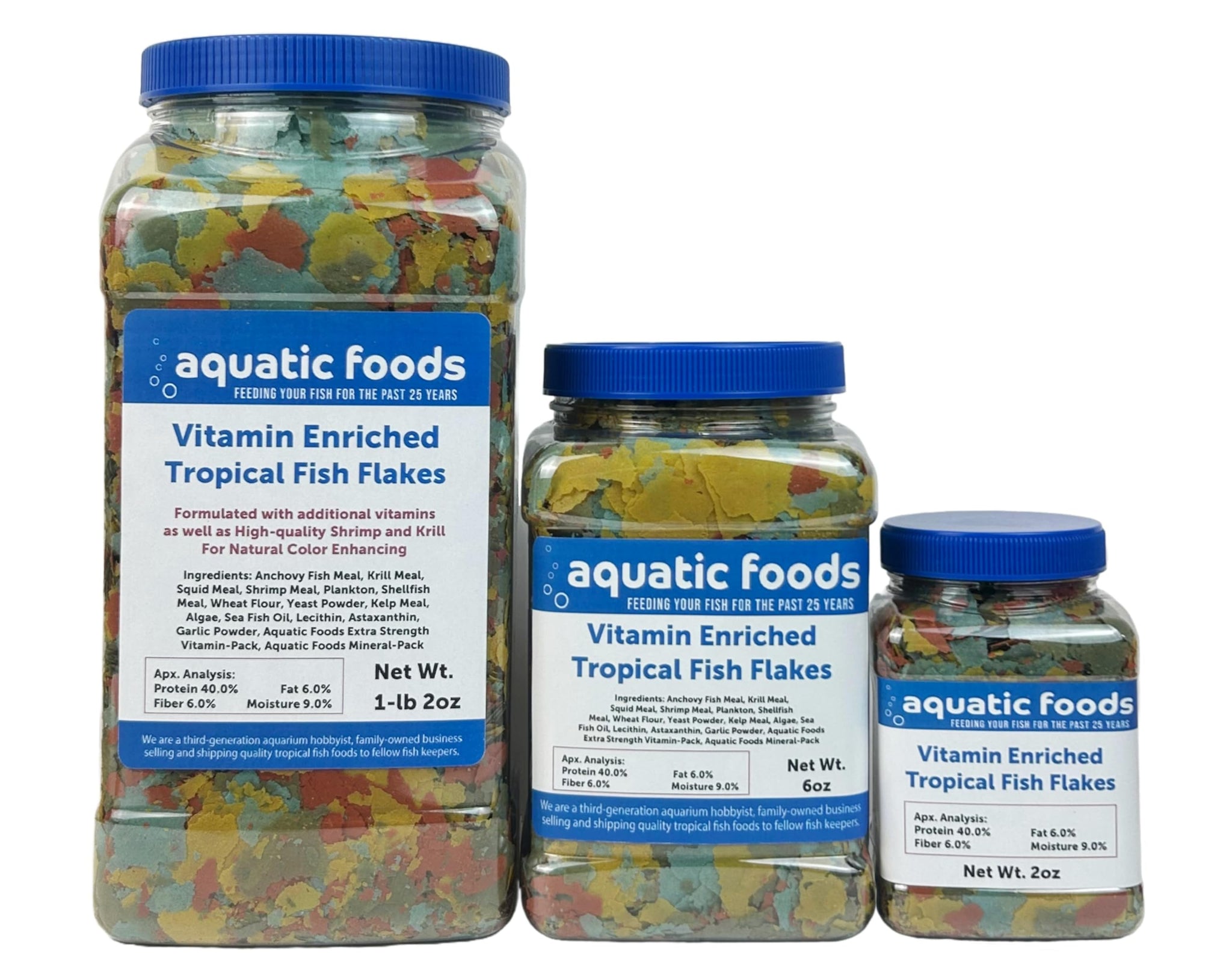 Aquatic Foods Inc. Premium Vitamin Enriched Tropical Fish Flakes, Vitamin Pack, Krill, Color Enhancing, Spirulina Flakes for All Tropical Fish Also