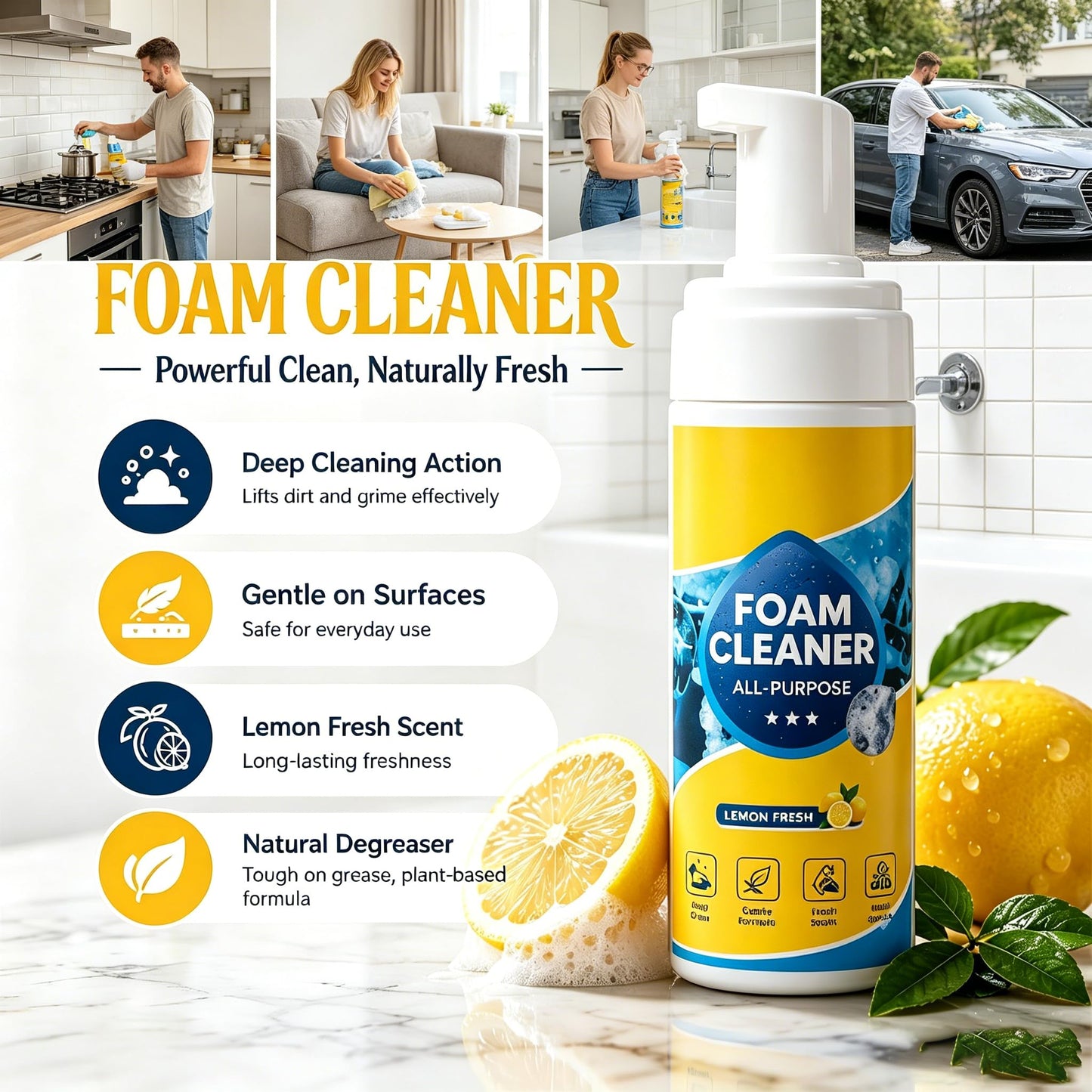 Benicabaly 4-in-1 Multi Enzyme Foam Cleaner Lemon Scent, No Rinse All Purpose Stain Remover, Car Interior Cleaner for Seat Upholstery Sofa Kitchen