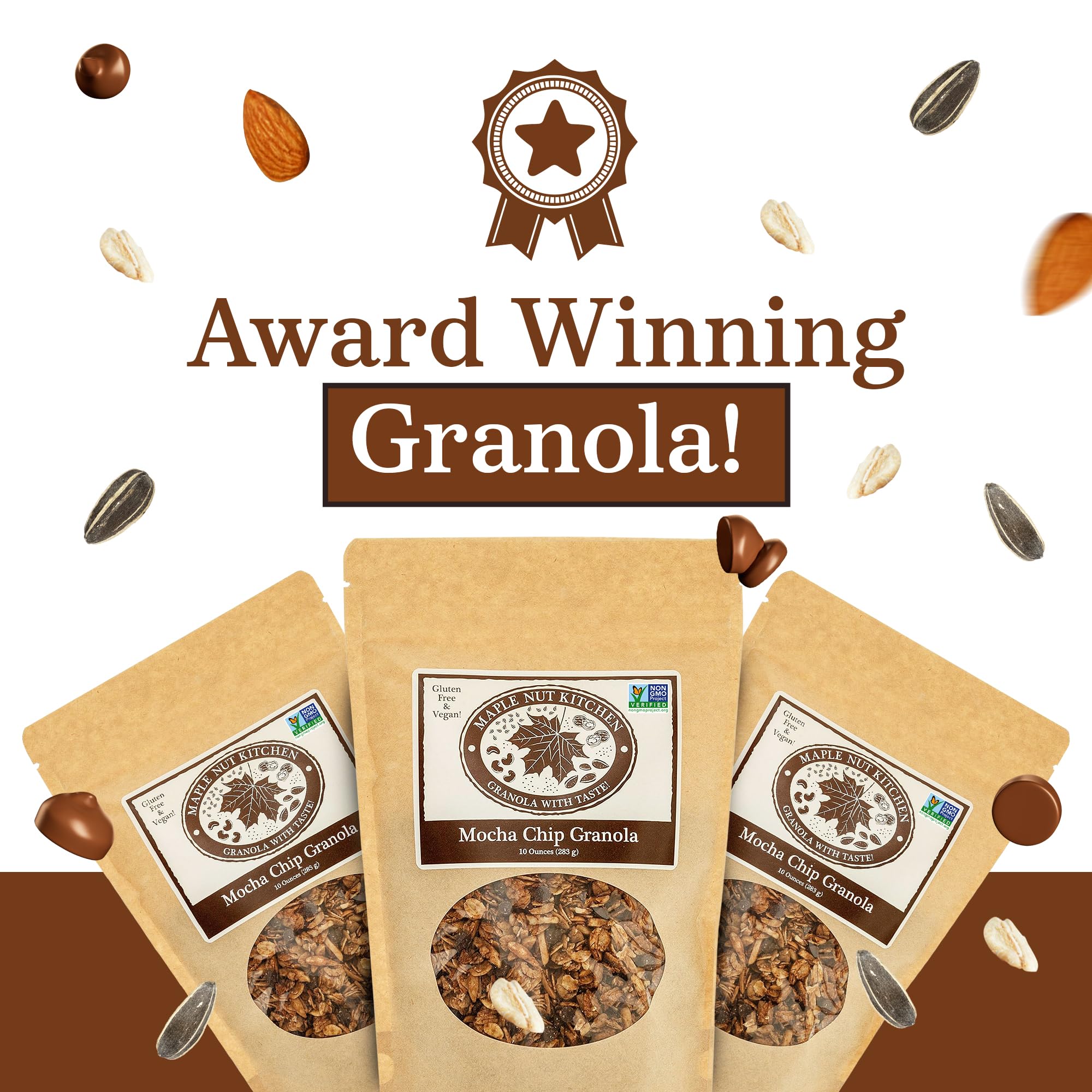 Maple Nut Kitchen Mocha Chip Granola 3 Pack - Vegan, Certified Gluten-Free Oats, Low Sugar - Dark Chocolate, Almonds, Coconut, Coffee - Crunchy