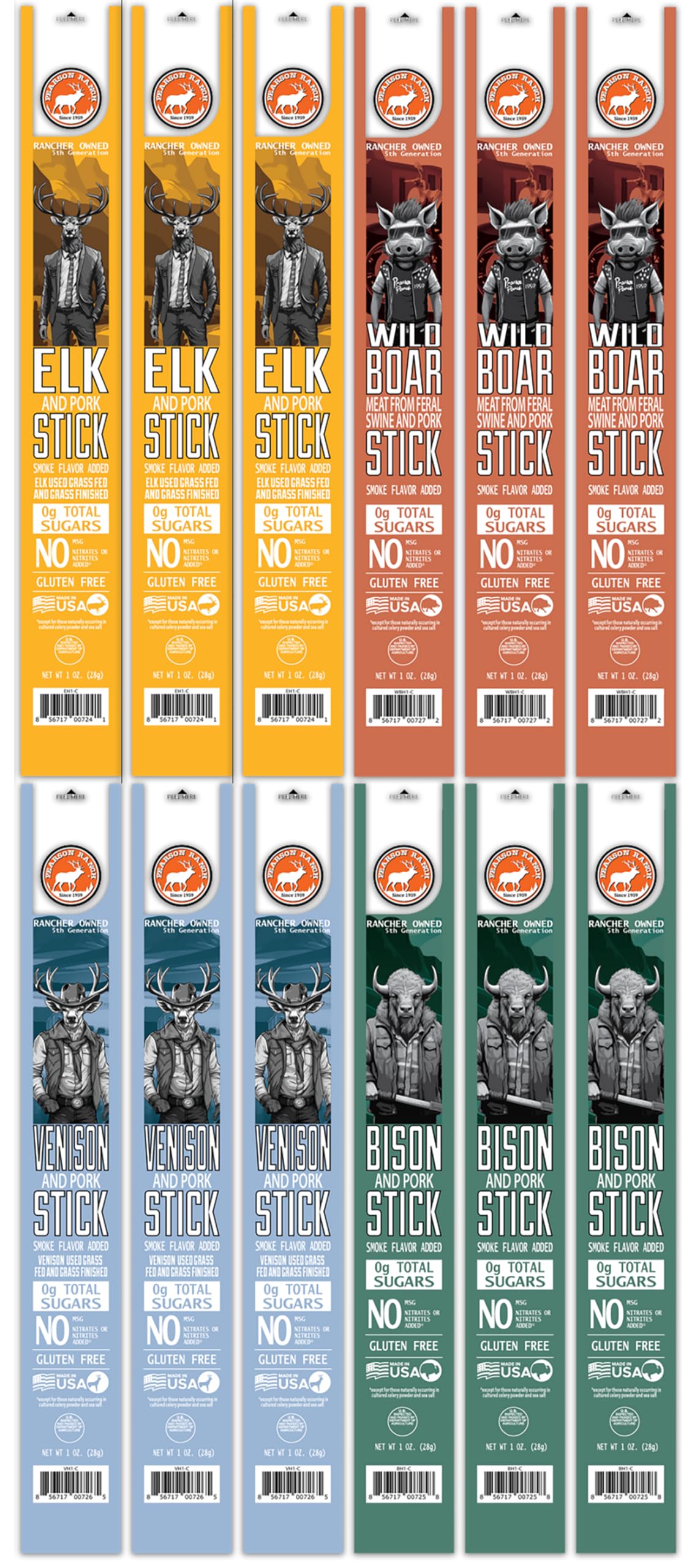 PEARSON RANCH Meat Sticks Variety - Elk, Bison, Venison, Wild Boar - Exotic Jerky Sticks, No Added Nitrites, High-Protein, Paleo & Keto Friendly Meat