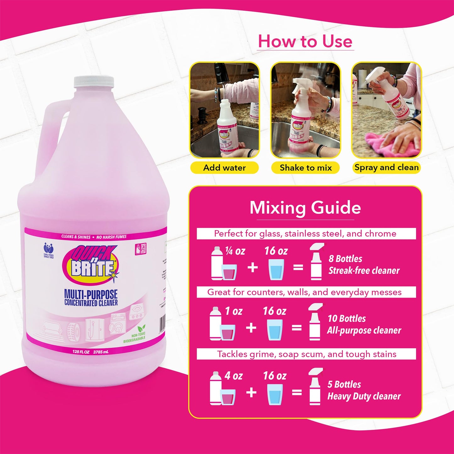 Quick 'n Brite Liquid Cleaner, True All Purpose Cleaner, 128 oz Cleaning Concentrate