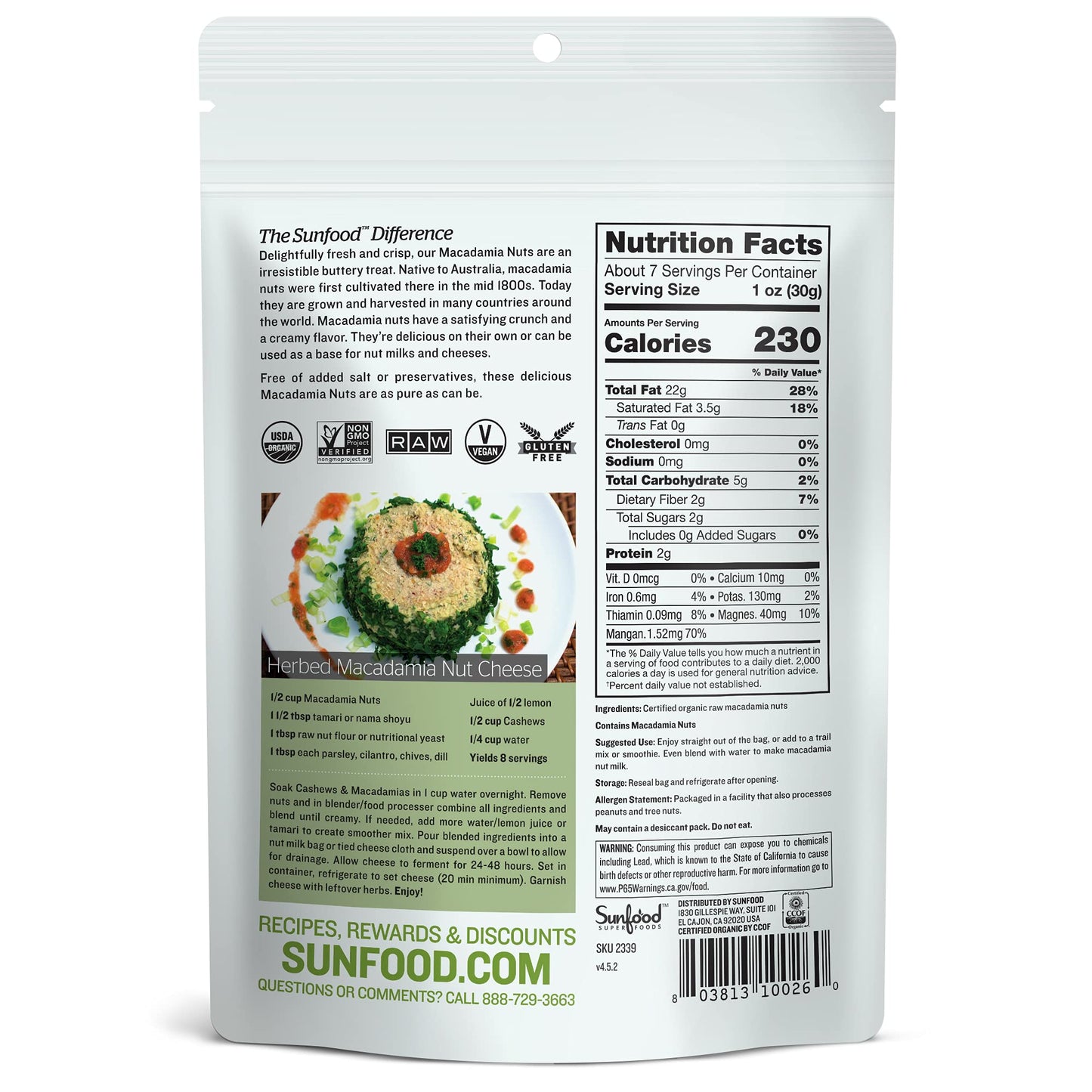 Sunfood Superfoods Raw Organic Macadamia Nuts - Macadamia Nuts Unsalted for Milk, Baking, Cooking, Trail Mix, Cookies, & More, USDA Organic, Vegan