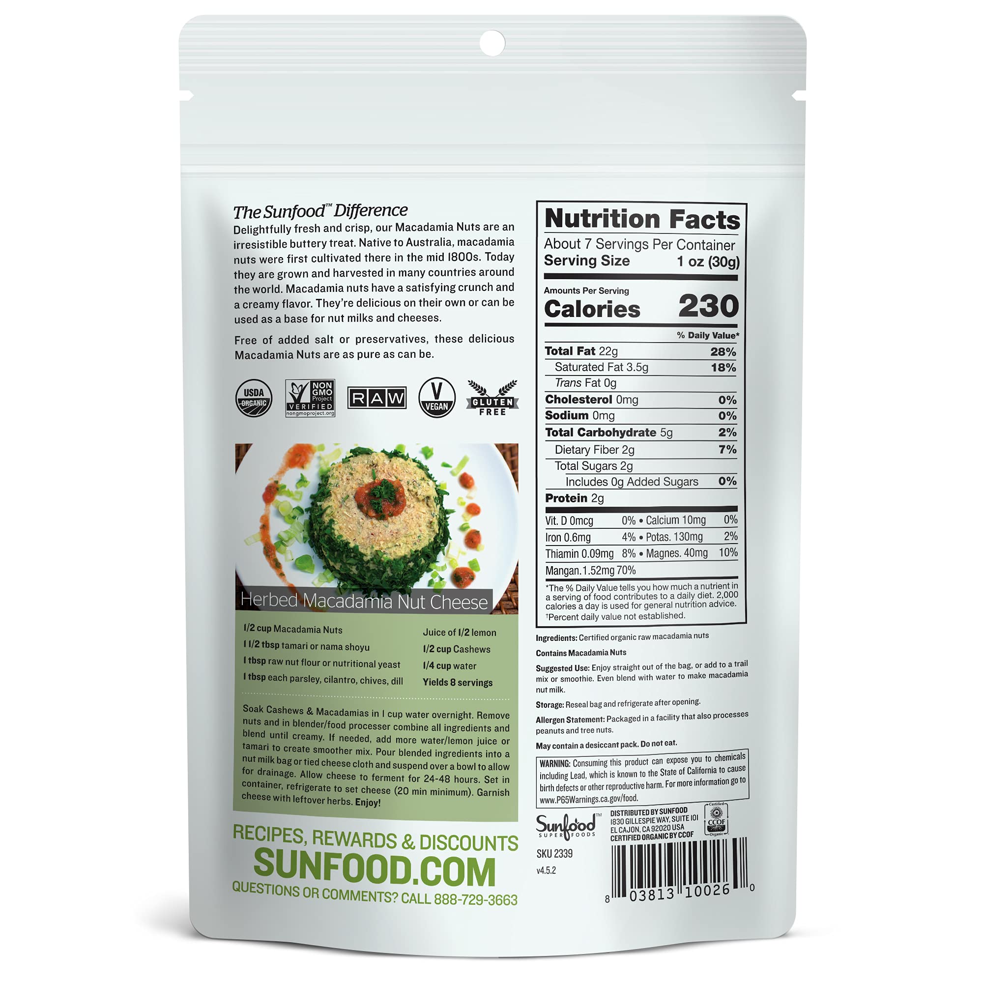 Sunfood Superfoods Raw Organic Macadamia Nuts - Macadamia Nuts Unsalted for Milk, Baking, Cooking, Trail Mix, Cookies, & More, USDA Organic, Vegan