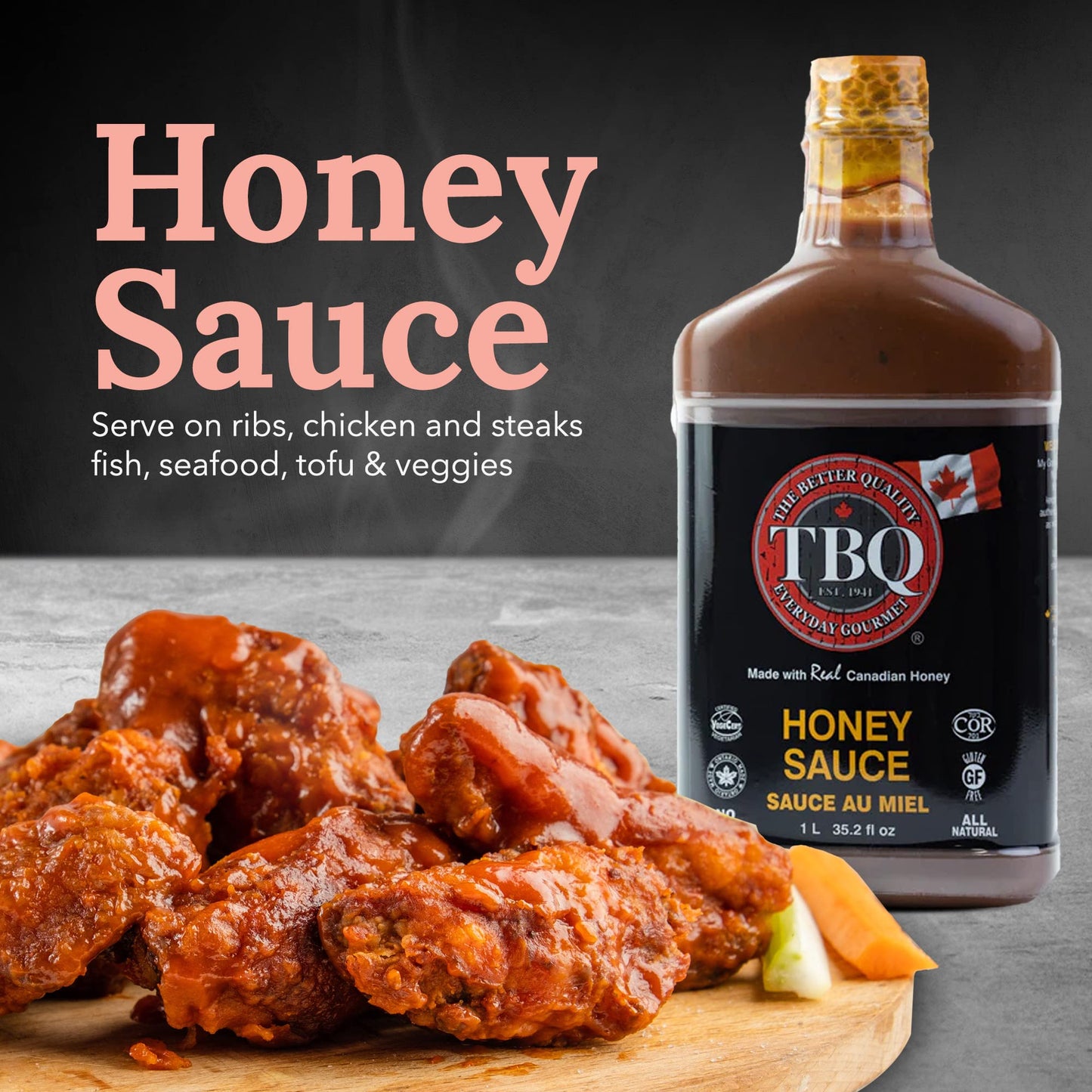 TBQ - Honey Barbecue Sauce, Honey Hot Sauce, Vegan Honey BBQ Sauce, Barbecue Marinade and Sauces for Salmon, Ribs, Vegetables, and More, Made of Real