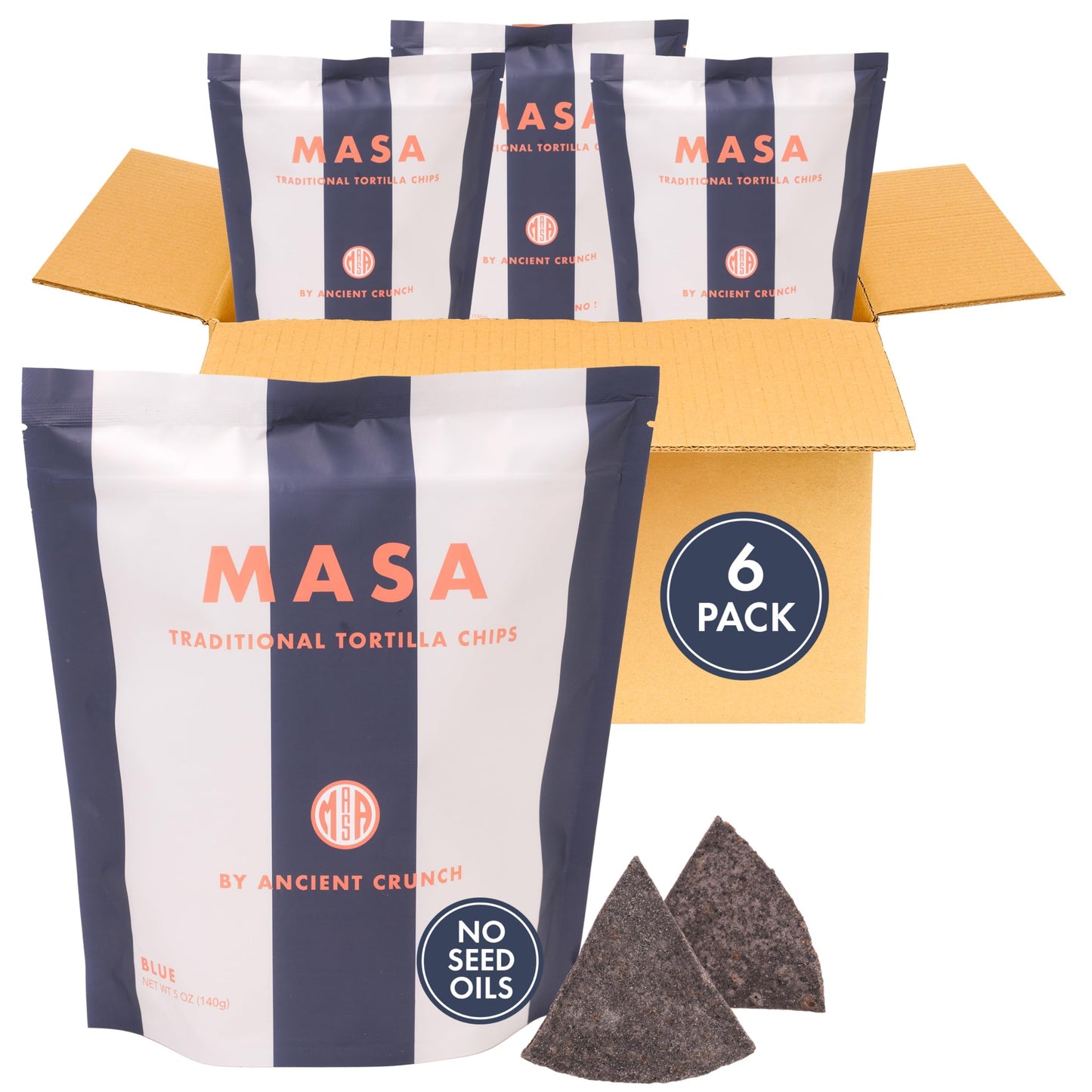 MASA Chips Blue Corn Tortilla Chips Cooked in Beef Tallow - Seed Oil Free Snack, 6pk×5 oz each- Handmade with Only Naturally Grown Blue Corn & Sea