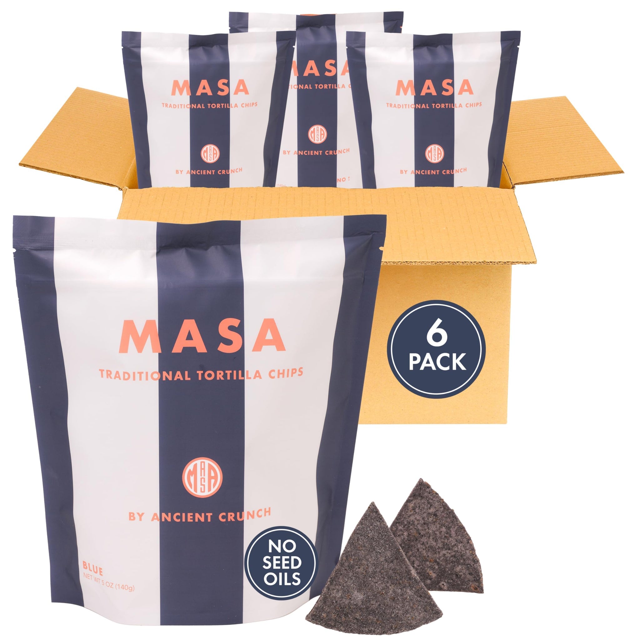 MASA Chips Blue Corn Tortilla Chips Cooked in Beef Tallow - Seed Oil Free Snack, 6pk×5 oz each- Handmade with Only Naturally Grown Blue Corn & Sea
