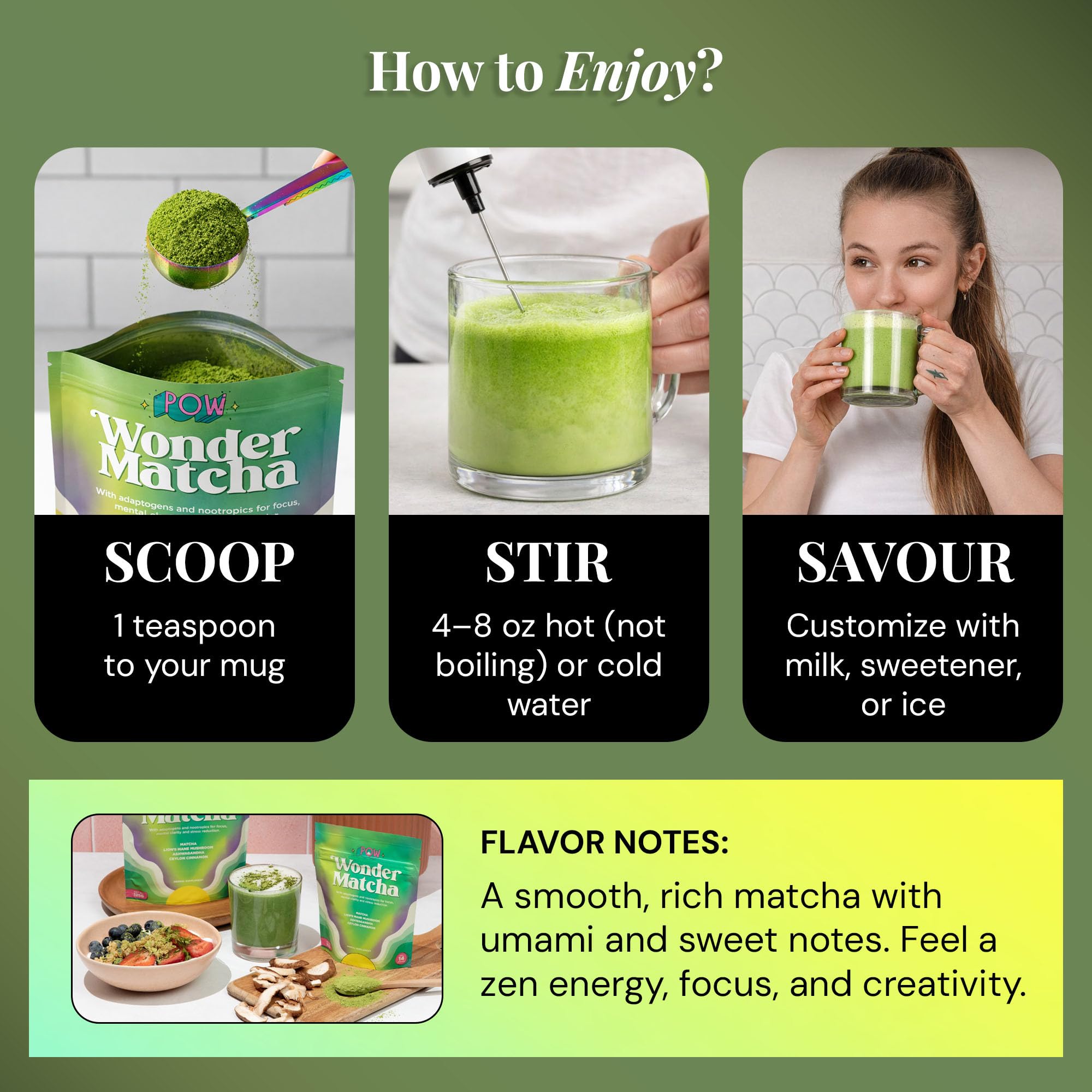 POW Wonder Matcha - Functional Mushroom Matcha Powder - Organic Ceremonial Grade Matcha Latte Powder Drink Mix with Adaptogens, Functional Mushrooms