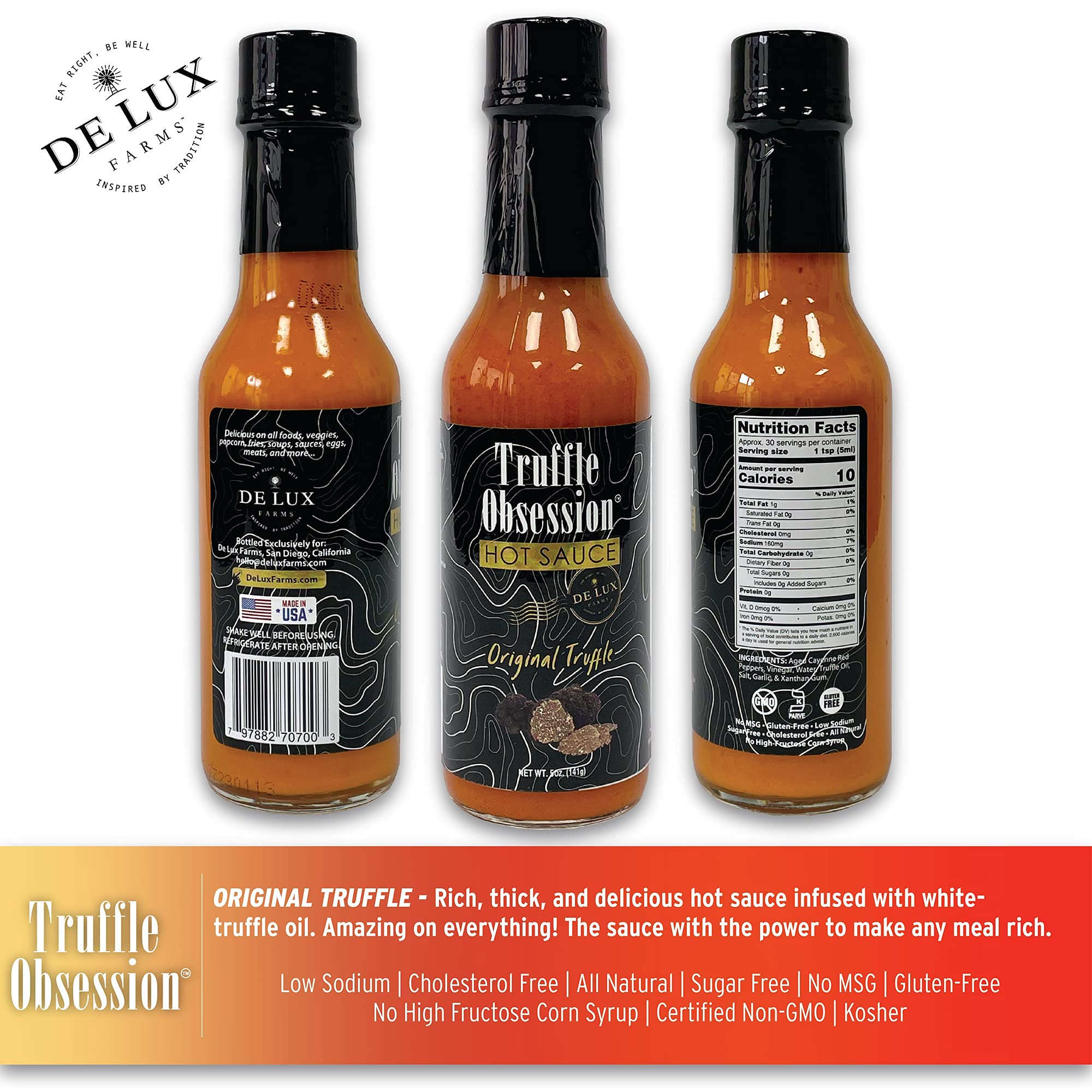 De Lux Farms-Truffle Obsession Gourmet Hot Sauce (Original, Mild Heat)-Kosher Certified Hot Sauce Made w/ Aged Cayenne Peppers and White Truffle