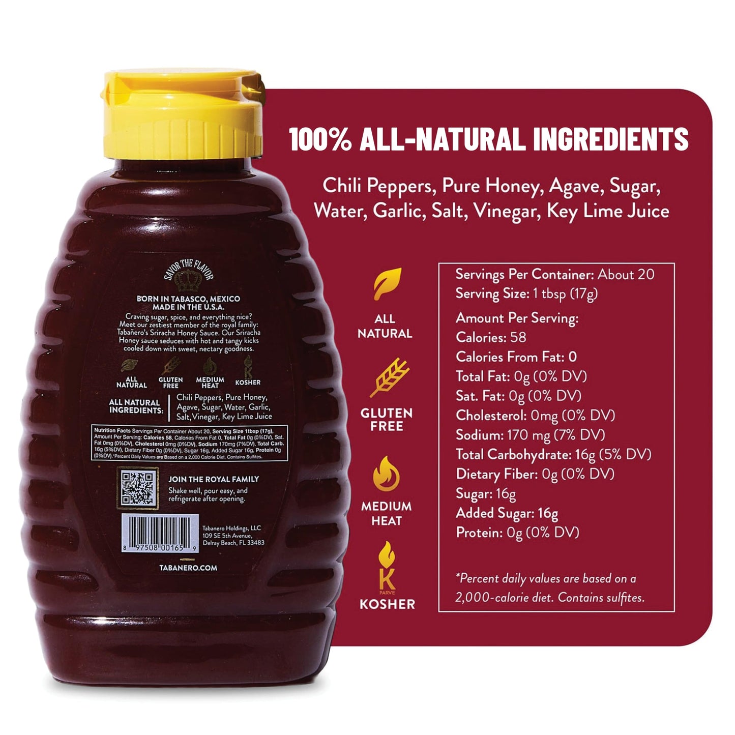 Tabañero Sriracha Honey Hot Sauce & Merch Sticker, All Natural, Sweet, 12oz