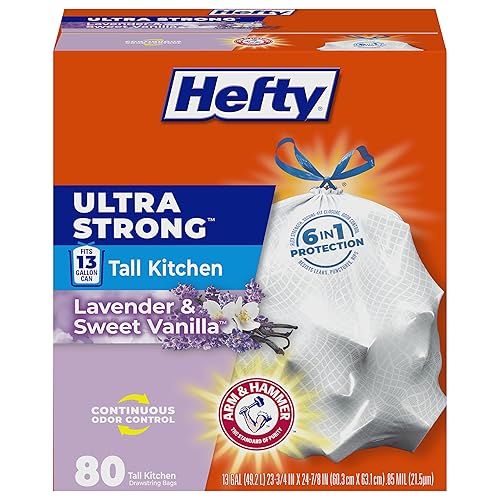 Hefty Ultra Strong 13 Gallon Trash Bags, Tall Kitchen Trash Bags 13 Gallon Size, Drawstring Closure, Continuous Odor Control, White, Lavender