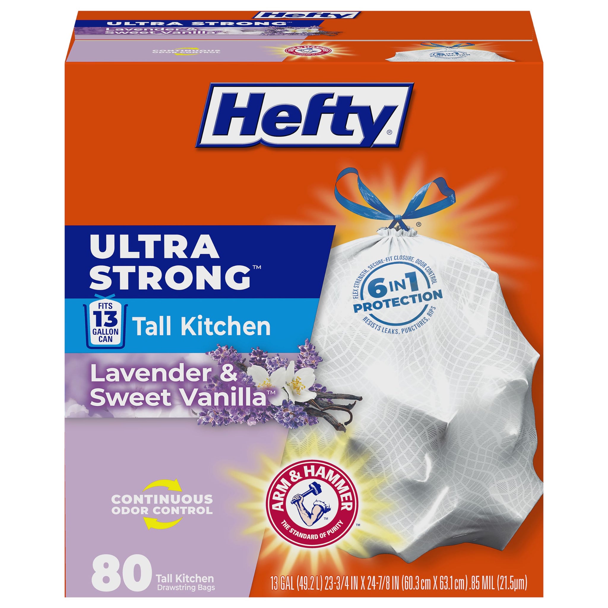 Hefty Ultra Strong 13 Gallon Trash Bags, Tall Kitchen Trash Bags 13 Gallon Size, Drawstring Closure, Continuous Odor Control, White, Lavender