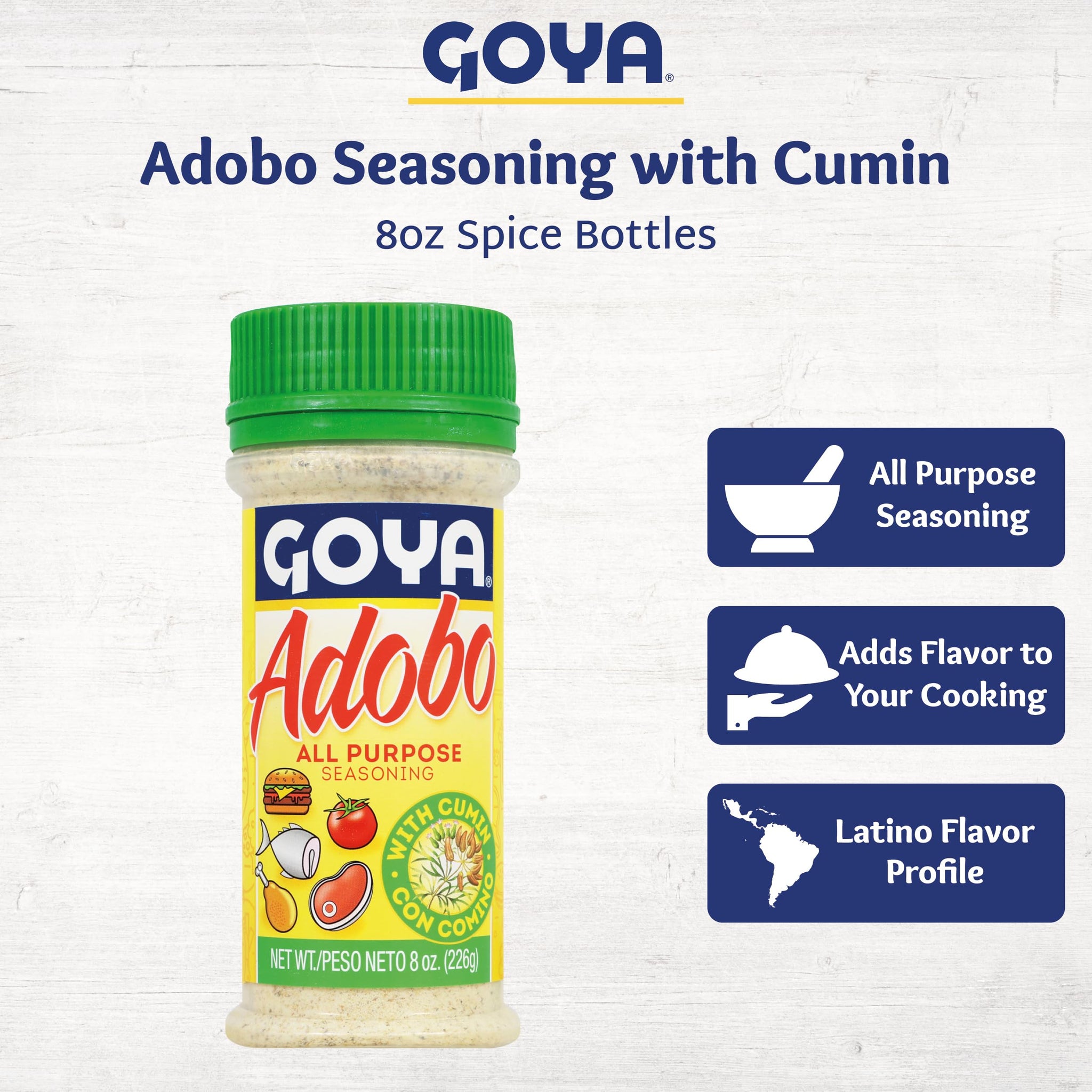 Adobo All Purpose Seasoning with Cumin by Goya, Poultry, Seafood, Meat, and Vegetable Seasoning, Latin Spice Blend, Mexican Seasoning, 8oz. Bottle
