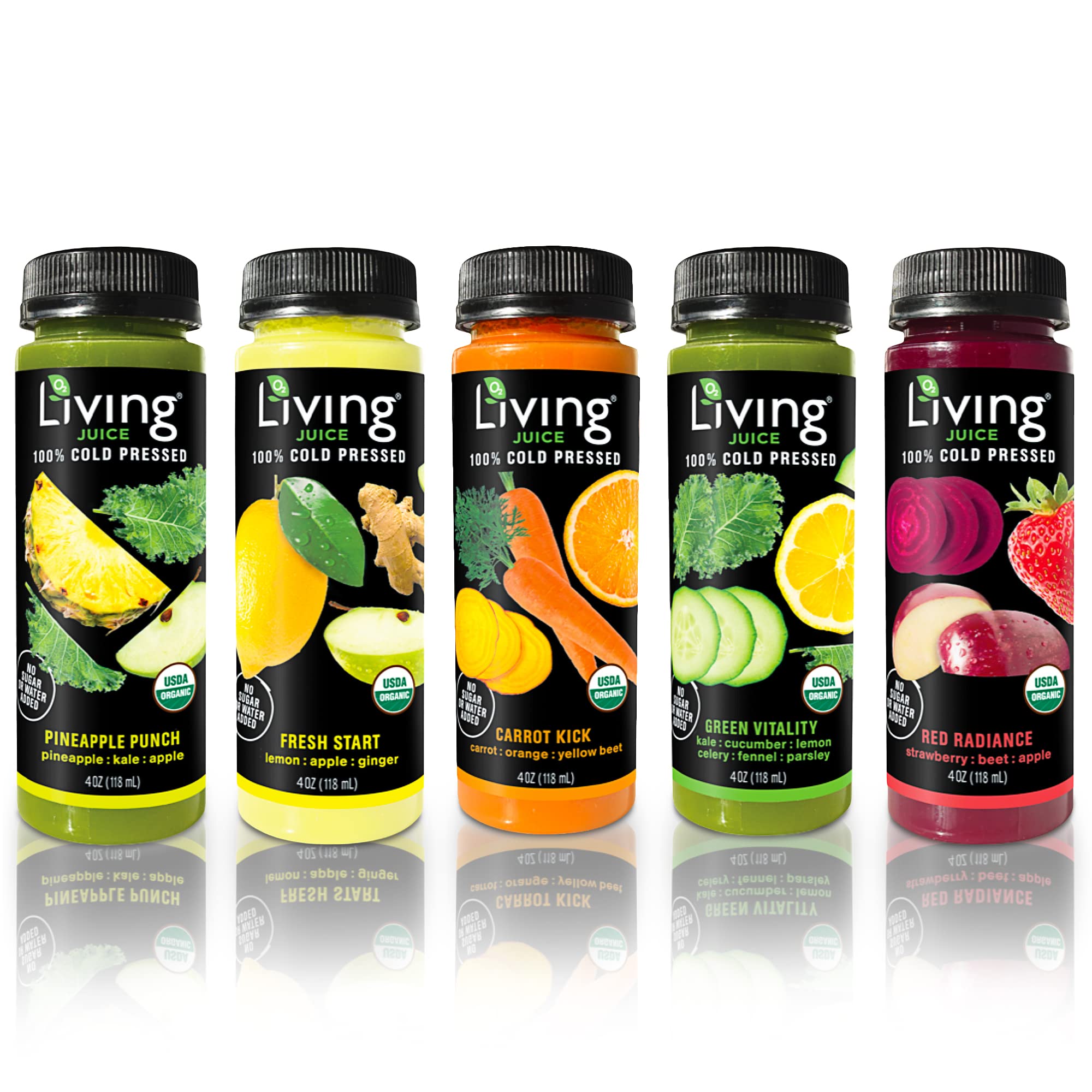 O2 Living Juice Cold Pressed Drink - Fresh Start Organic Juice Variety Pack - No Added Sugars or Water, Naturally Sweetened from Fruits, Rich in