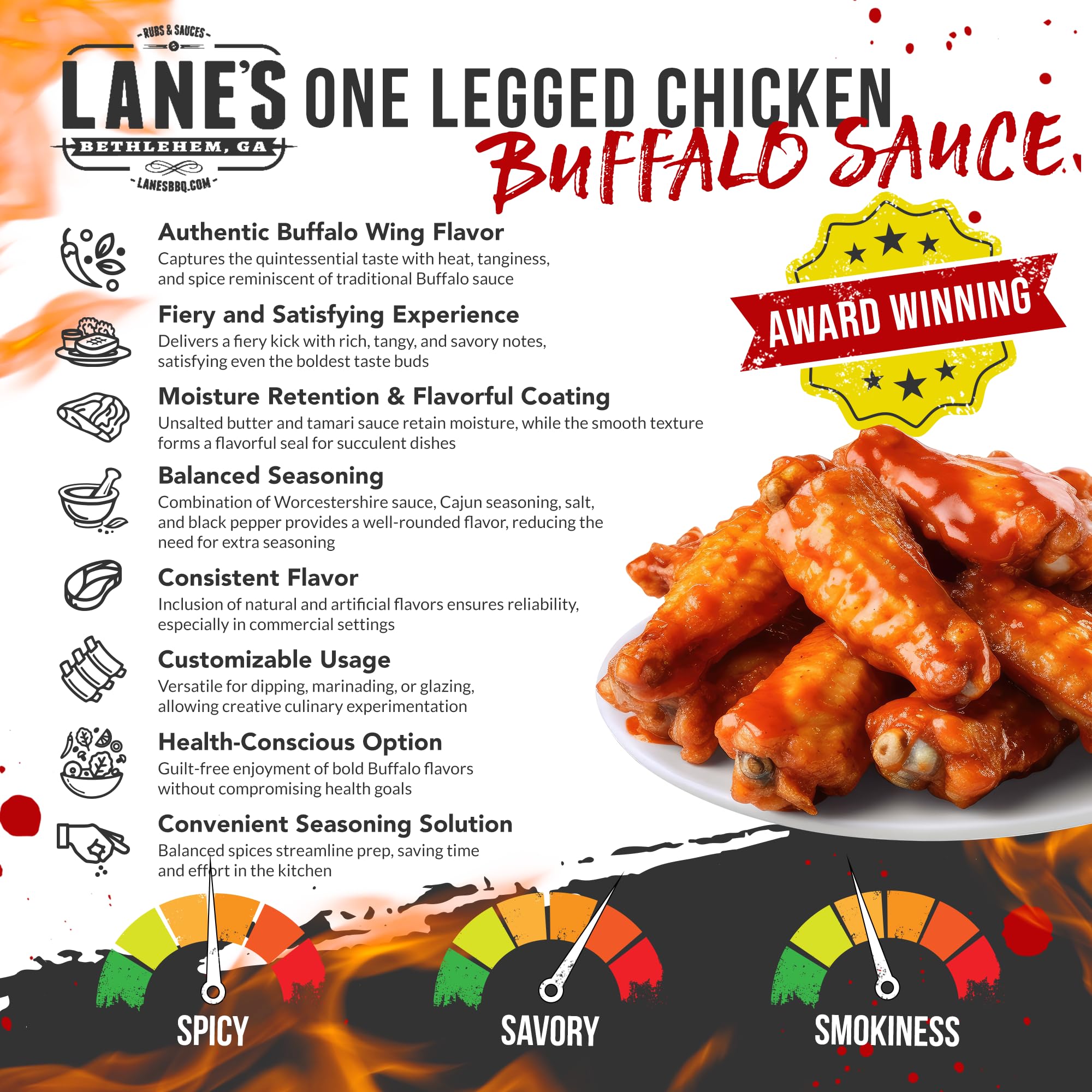 Lane's One Legged Chicken Buffalo Sauce, Award Winning Buffalo Wing Sauce, Delicious Bold and Tangy Flavor, Goes Great with Chicken, Meat & Pizza, No