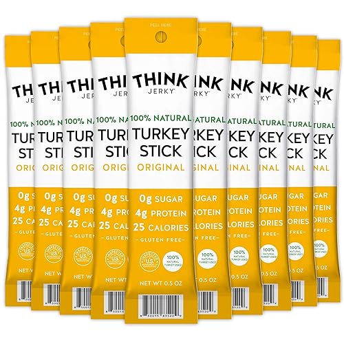Think Jerky All-Natural Turkey Sticks, Gluten and Sugar Free, No Nitrates, Keto Paleo Friendly High Protein Low Carb Meat Snack - 0.5 oz Sticks, 20