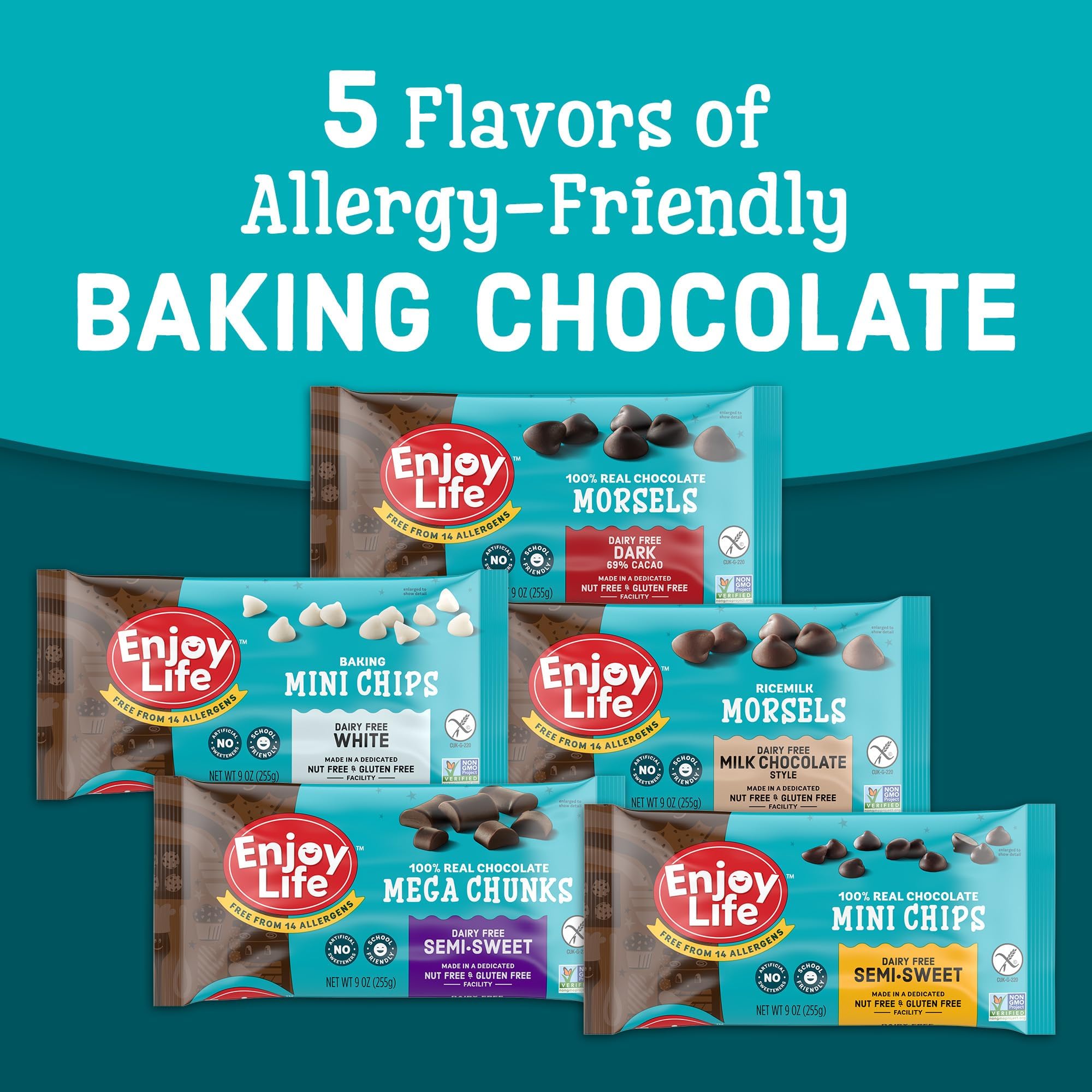 Enjoy Life Chocolate Chips Variety Pack, 5 Count (9 oz Bags) - Dark Morsels, Mini Chips, White Mini Chips & Mega Chunks - Allergy-Friendly Baking Chocolate