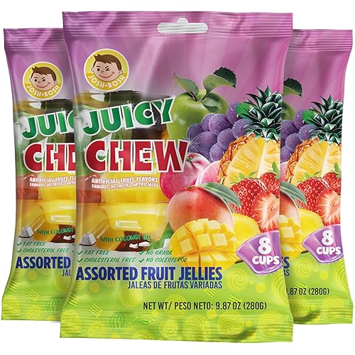 Josh Bosh Juicy Chew Assorted Fruit Jellies 3-Pack - Various Fruity Flavors, 8 Individual Cups per 9.87 Oz Bag
