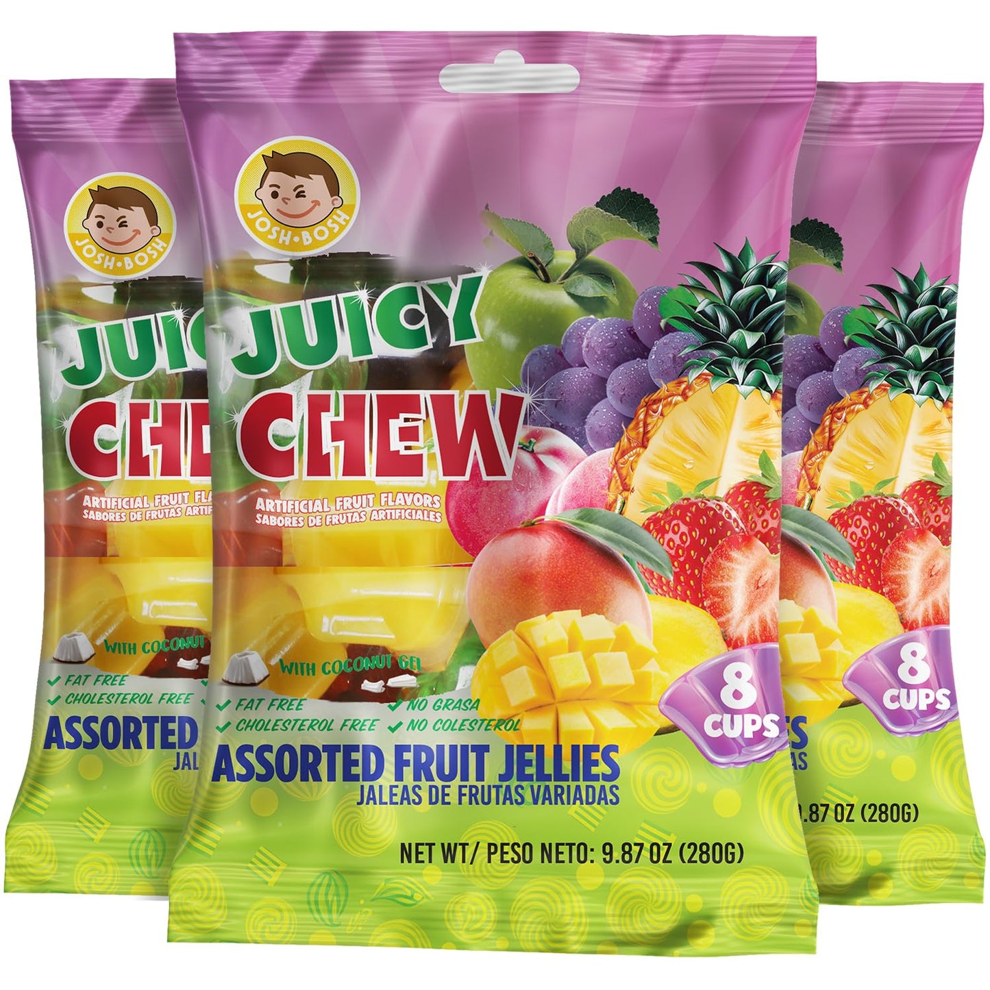 Josh Bosh Juicy Chew Assorted Fruit Jellies 3-Pack - Various Fruity Flavors, 8 Individual Cups per 9.87 Oz Bag
