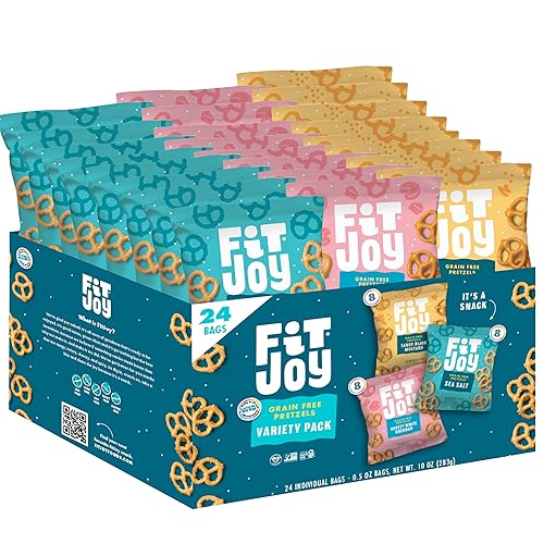 FitJoy Pretzel Variety Pack of 24 (0.5 Oz) - Tangy Dijon Mustard, Sea Salt, Cheezy White Cheddar Pretzel Twists - Dairy, Nut & Gluten Free Pretzels