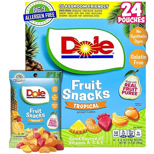 Dole Fruit Snacks, Tropical Flavors - Individually Wrapped Pouches - Classroom-Friendly, Top 9 Allergen Free, No Artificial Dyes, Natural Fruit Purée