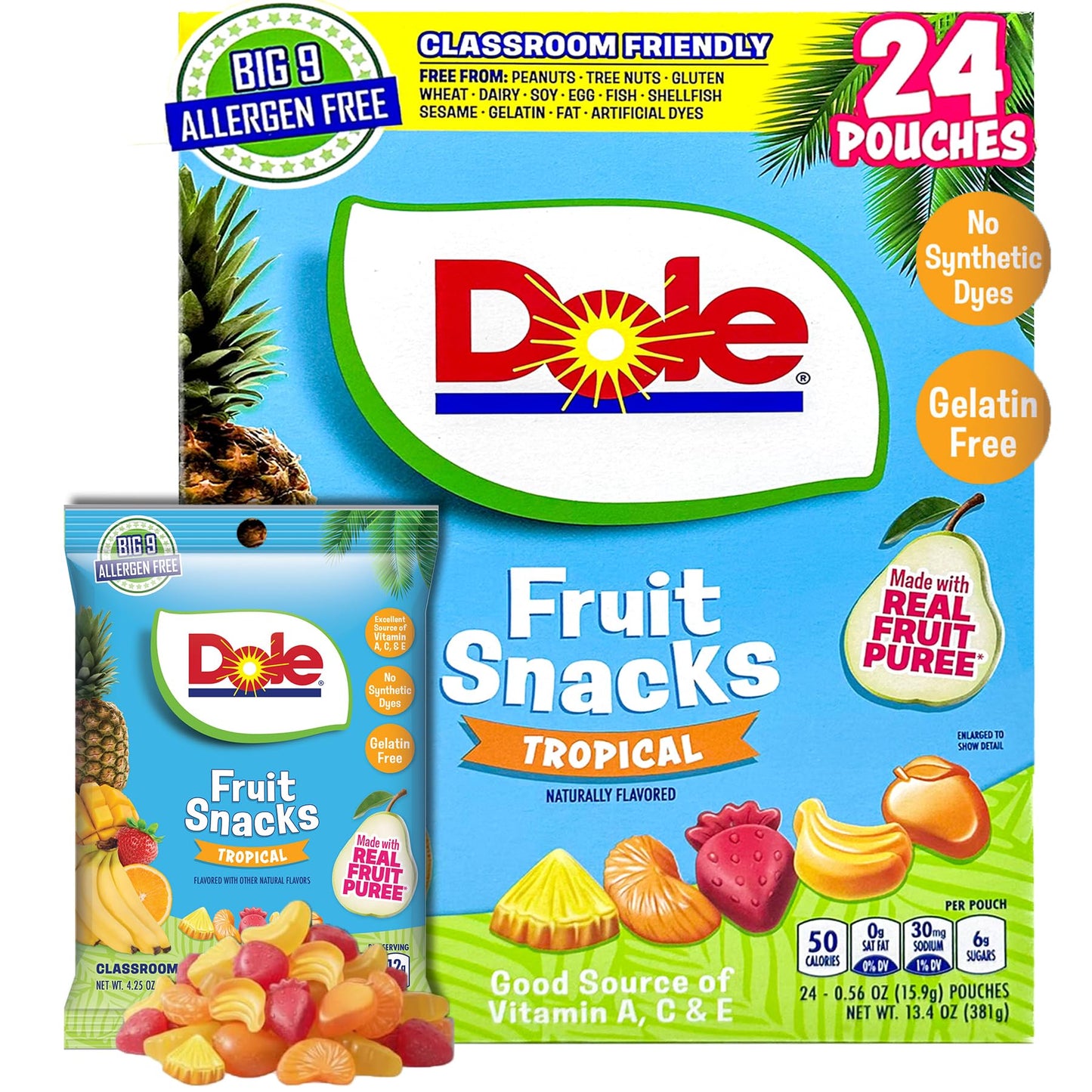 Dole Fruit Snacks, Tropical Flavors - Individually Wrapped Pouches - Classroom-Friendly, Top 9 Allergen Free, No Artificial Dyes, Natural Fruit Purée